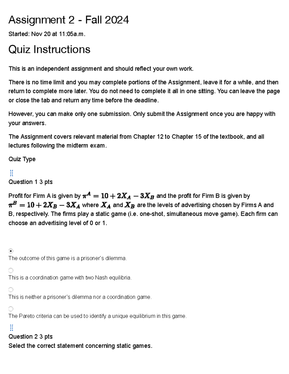 Quiz: Assignment 2 Overview - Fall 2024 (Ch. 12-15) - Studocu