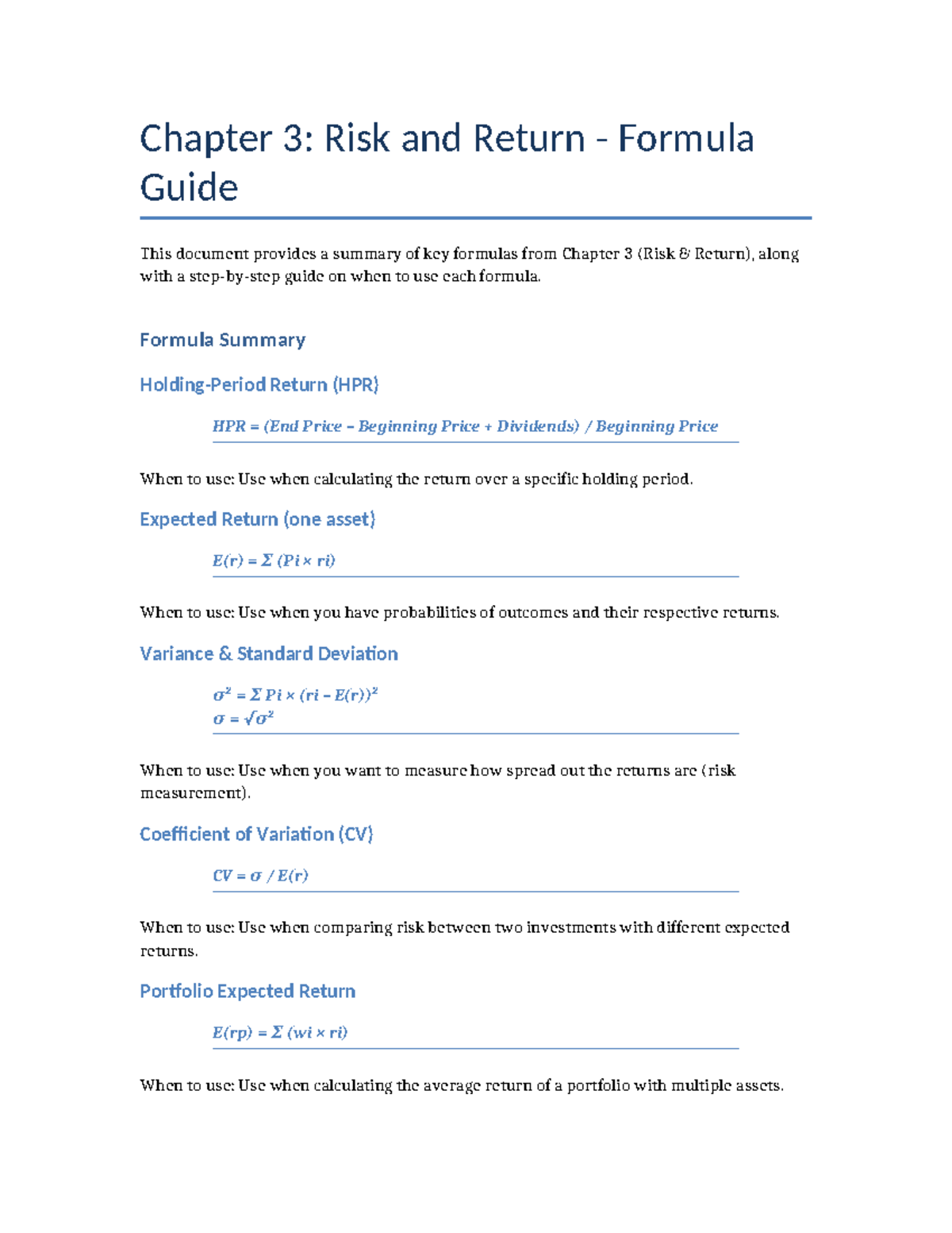 Chapter 3: Risk & Return Formulas Overview Guide - Studocu