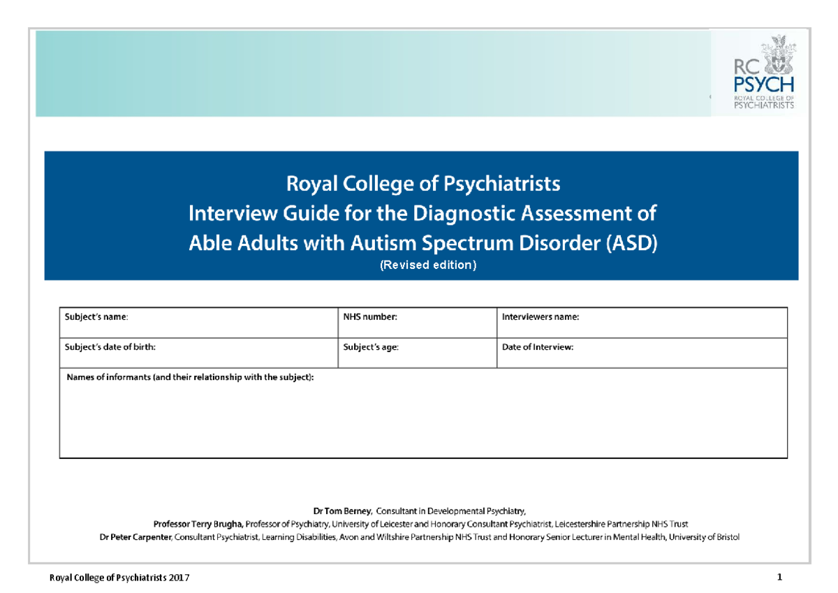 Ndpsig Autism Diagnostic Interview Guide (Revised Edition) 2017 - Studocu