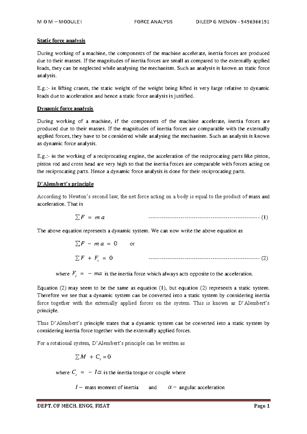 Static and Dynamic Force Analysis: Concepts and Examples - Studocu