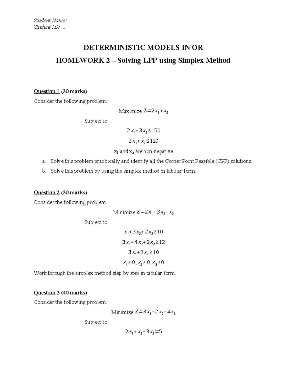[OR1] HW2 - Deterministic Models & Simplex Method Solutions - Studocu