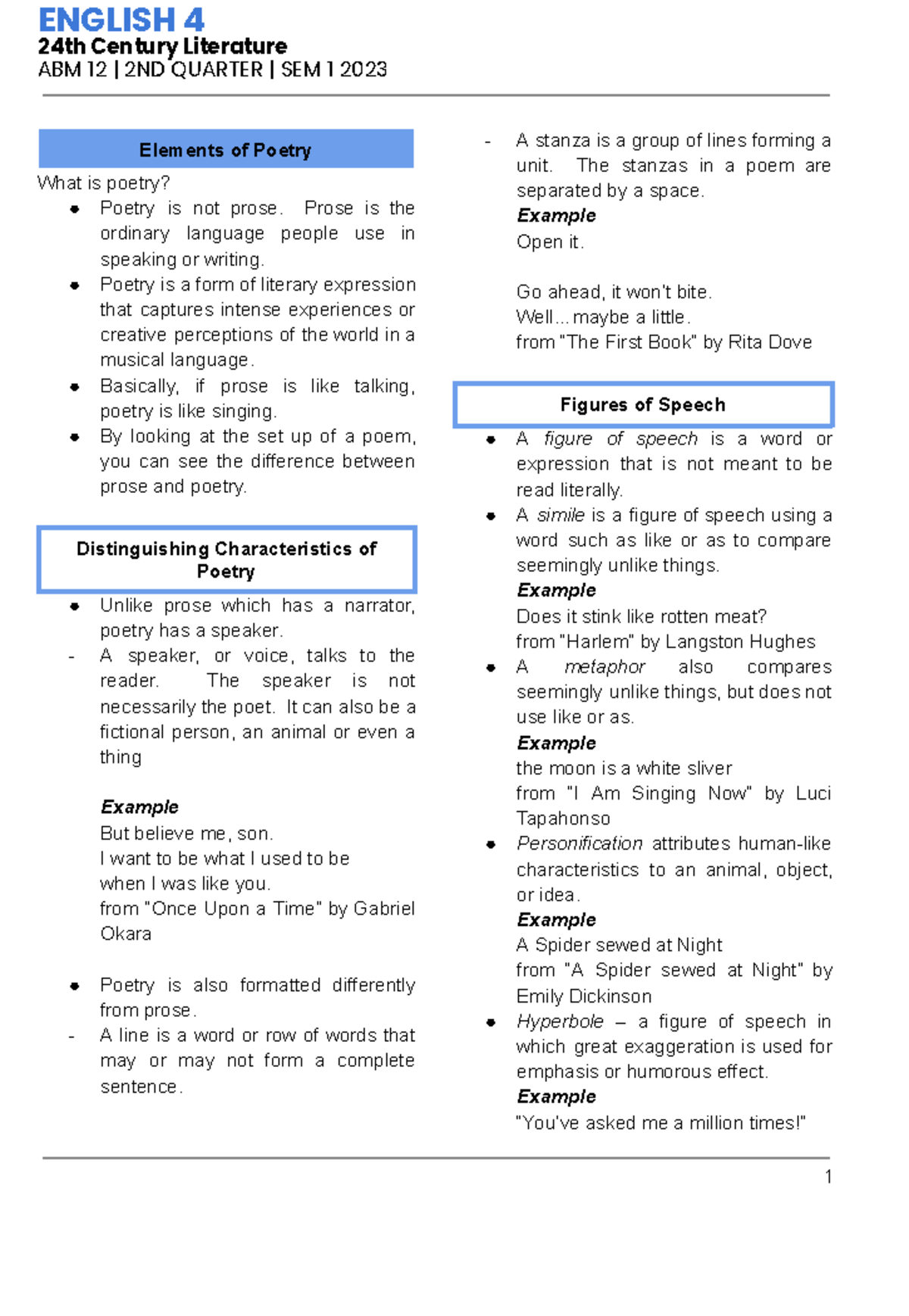 English 4 - Elements of Poetry Notes for ABM 12 2nd Quarter 2023 - Studocu
