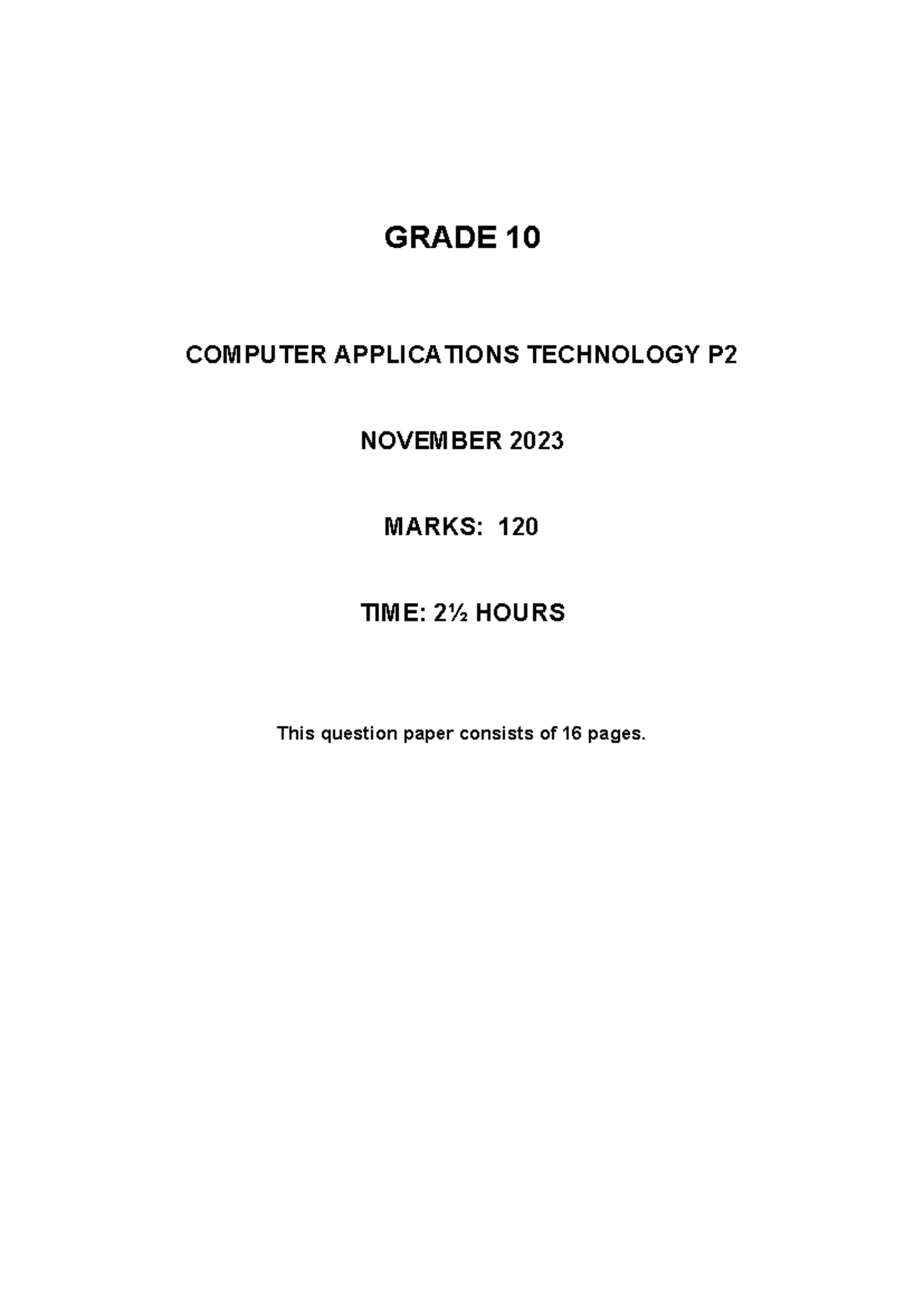 Grade 10 Computer Applications Technology P2 Nov 2023 Past Exam Paper ...