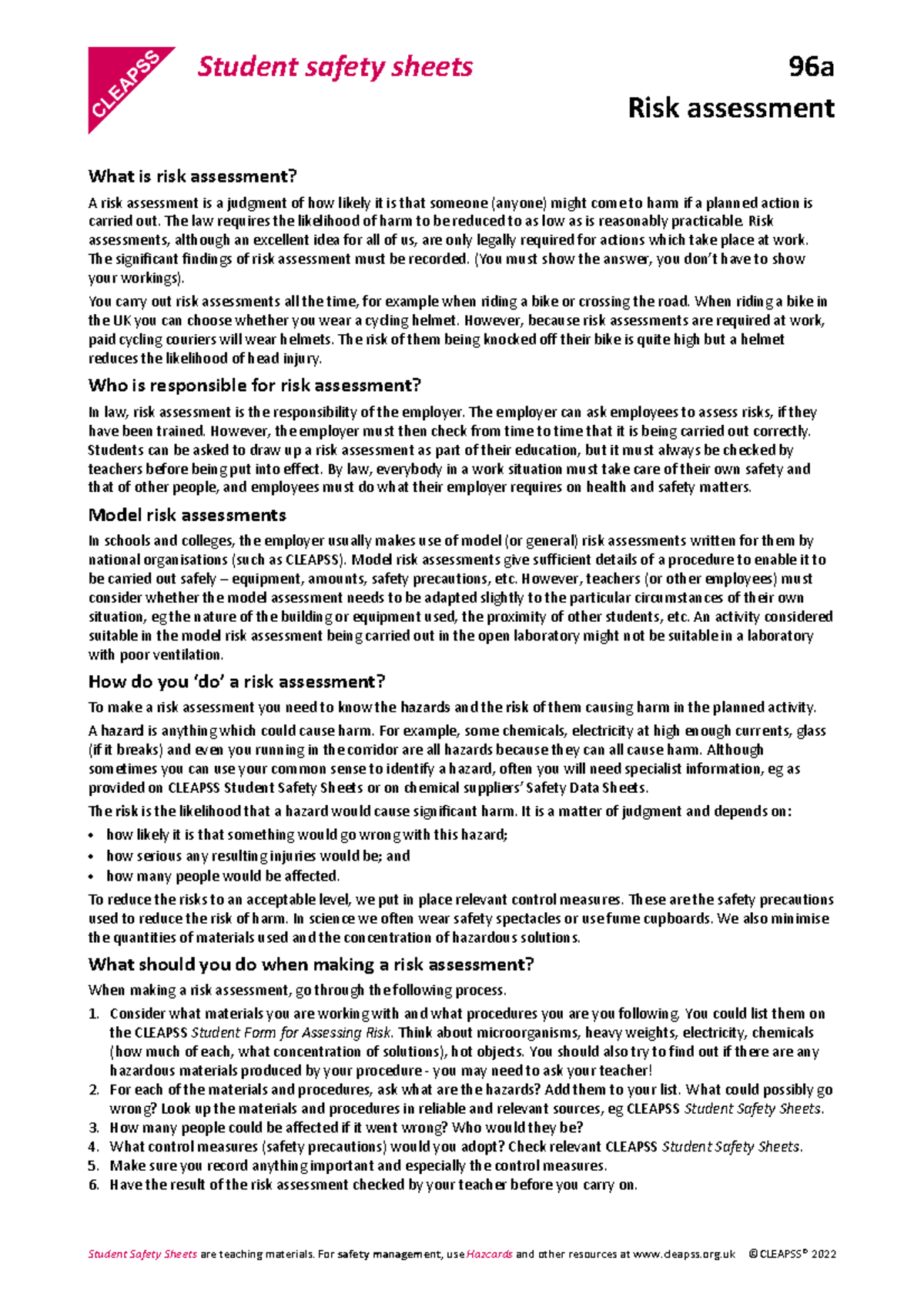 CLEAPSS 96a Risk Assessment Guide for Student Safety - Studocu