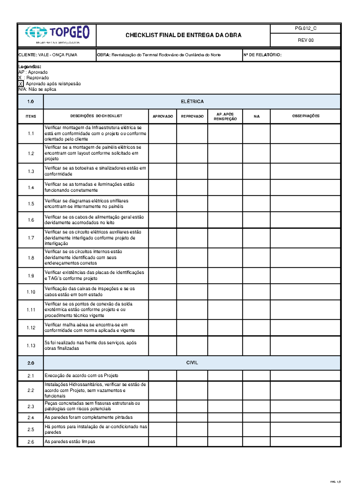 PG.012_C Checklist de Inspeção Final da Obra: Vale Onça Puma - Studocu