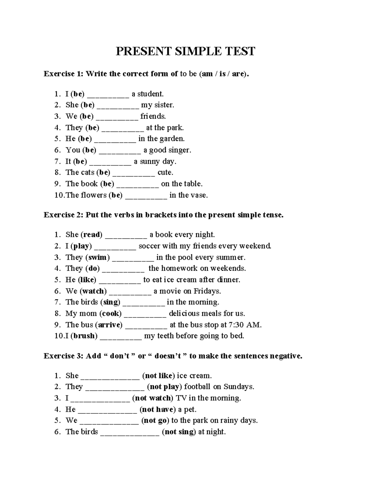 Present Simple TEST - Exercise Practice and Corrections - Studocu