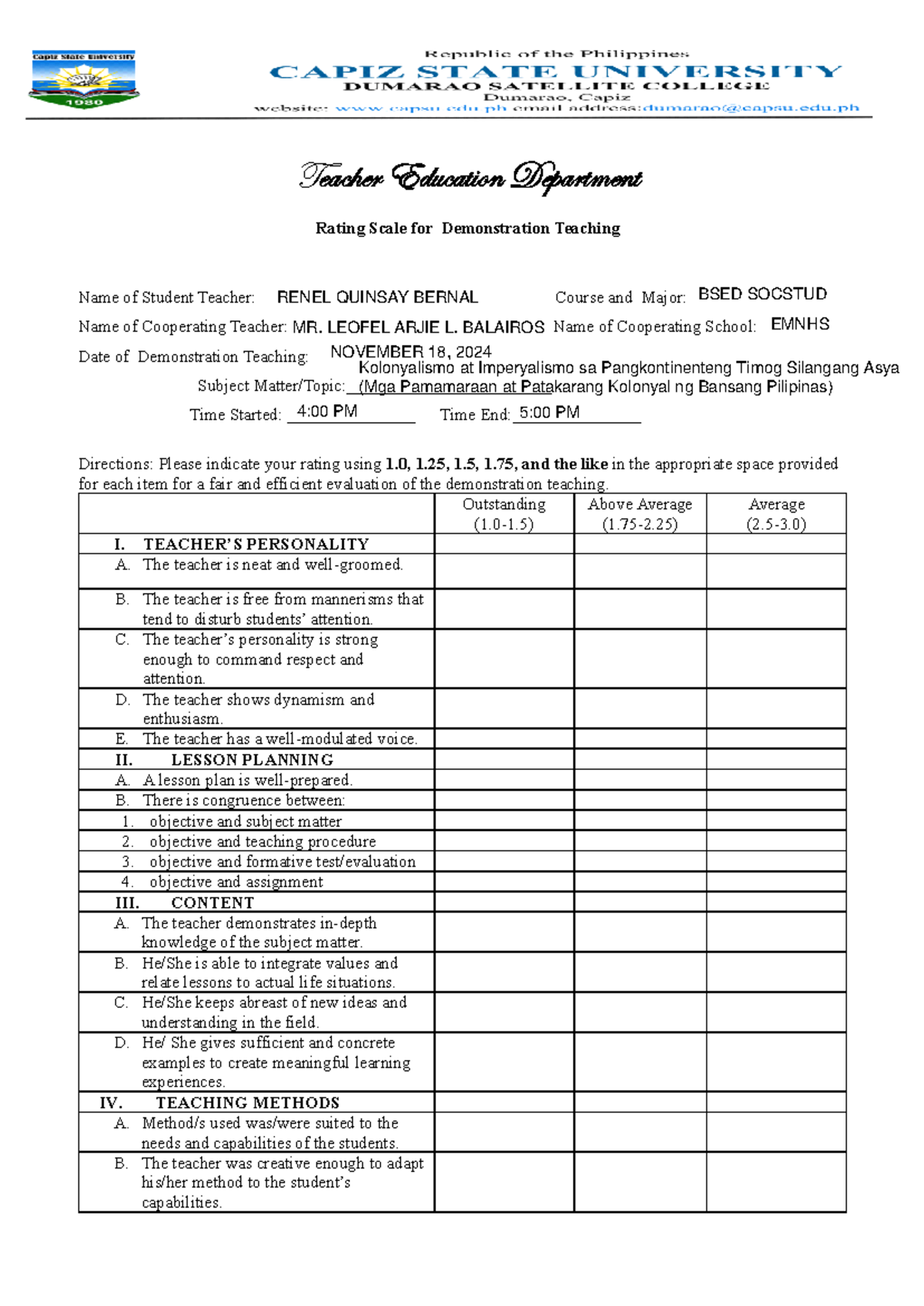 Demo Teaching Evaluation Rubric 2023 for Teacher Education - Studocu