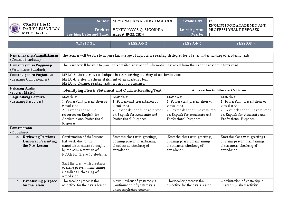 WEEK 3 - EAPP - Daily Lesson Log - Thesis Statement & Outlining - Studocu