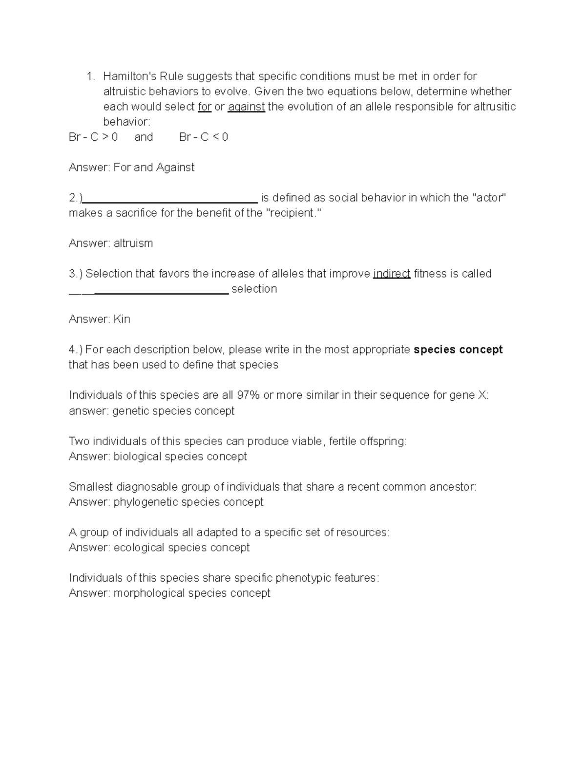 Biology 101: Altruism, Speciation, and Species Concepts Assignment ...