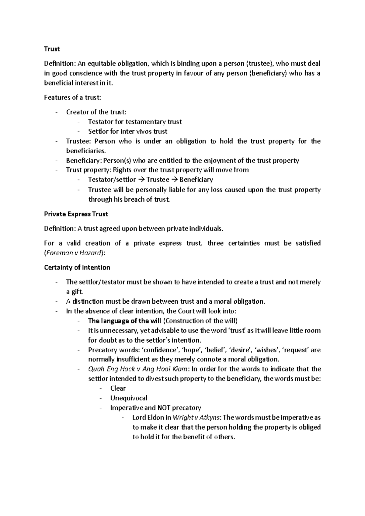 Trust Law Overview: Key Concepts and Case Summaries - Studocu