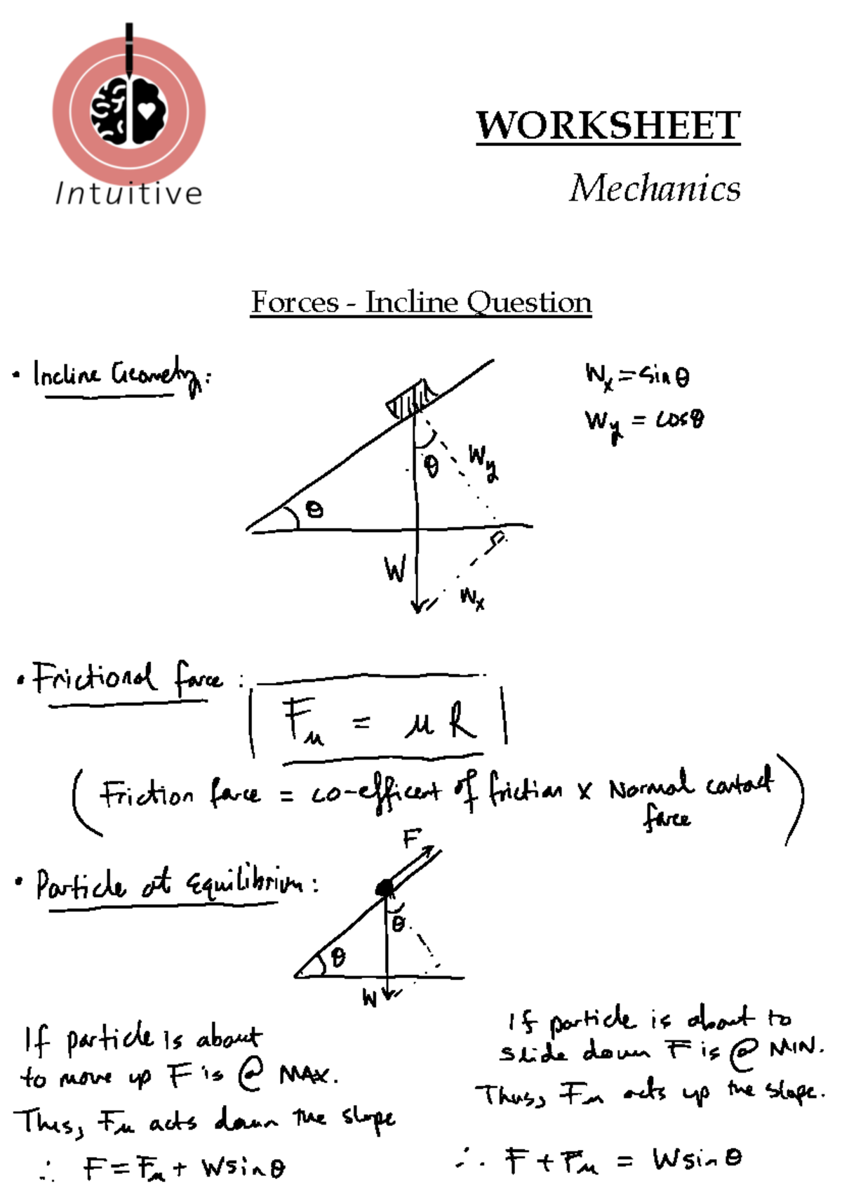 Incline Force Question - Worksheet - 9709, Mechanics One - WORKSHEET ...