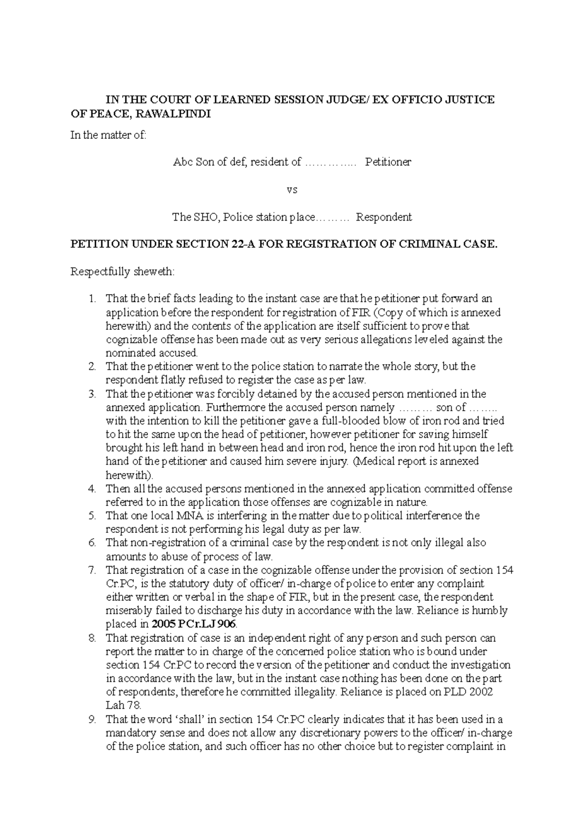 Application Under Section 22-A Cr.PC for FIR Registration - 22-A 22-B ...