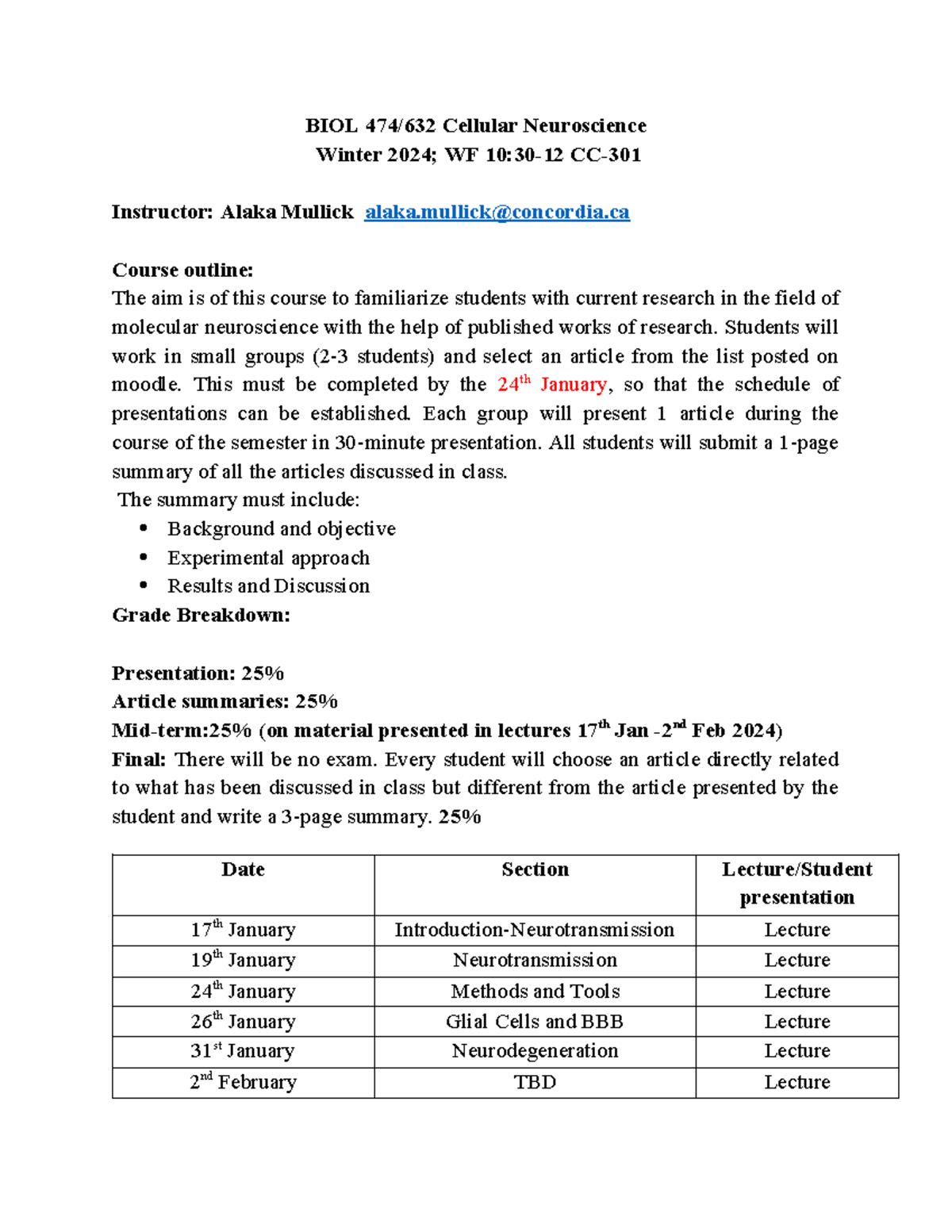 BIOL474-Outline - BIOL 474/632 Cellular Neuroscience Winter 2024; WF 10 ...