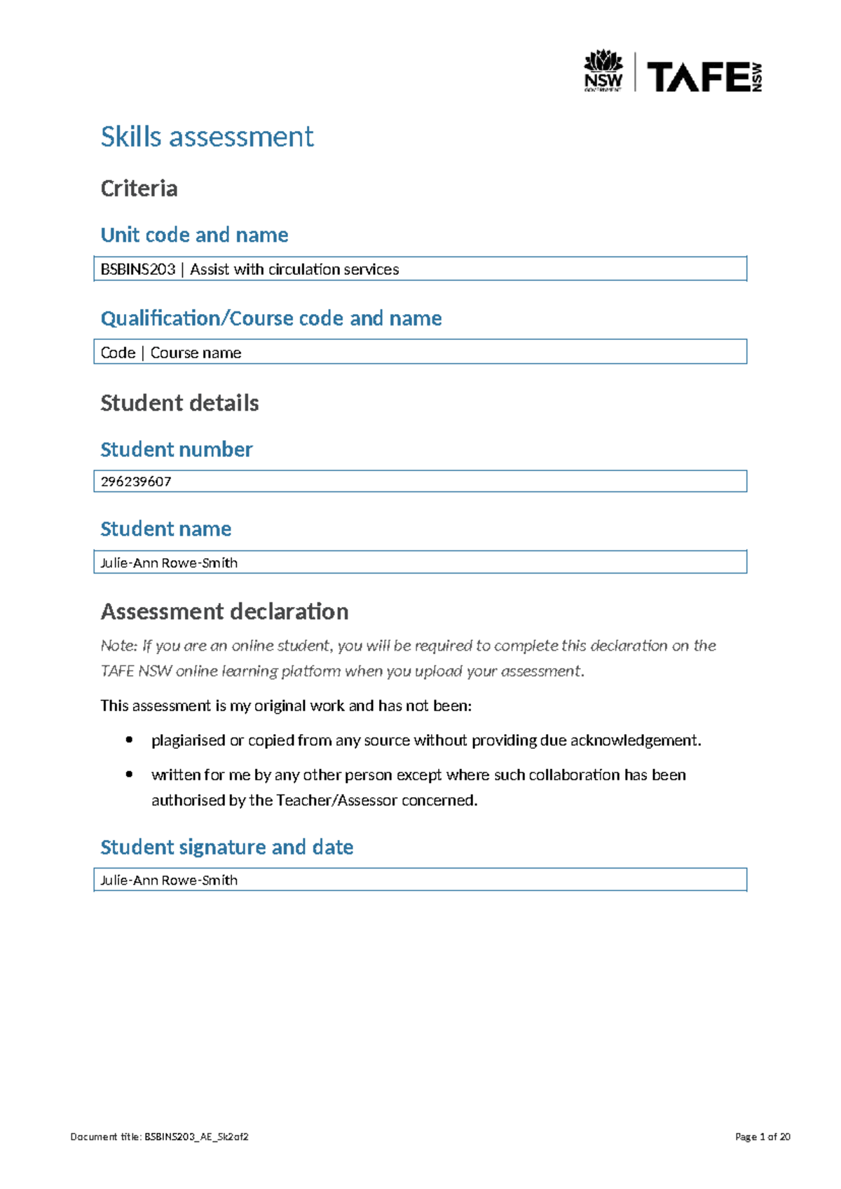 BSBINS203_Assist with Circulation Services - Skills Assessment 2 - Studocu