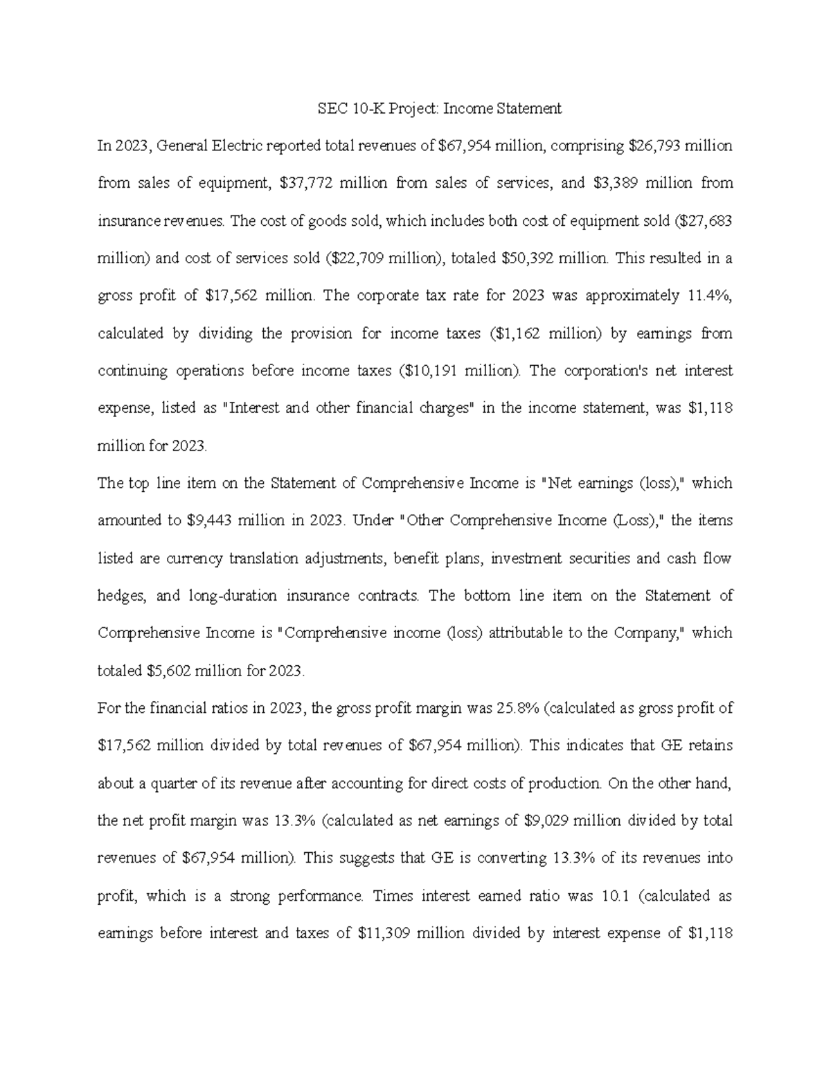 SEC 10 - Income Statement Analysis for General Electric 2023 - Studocu