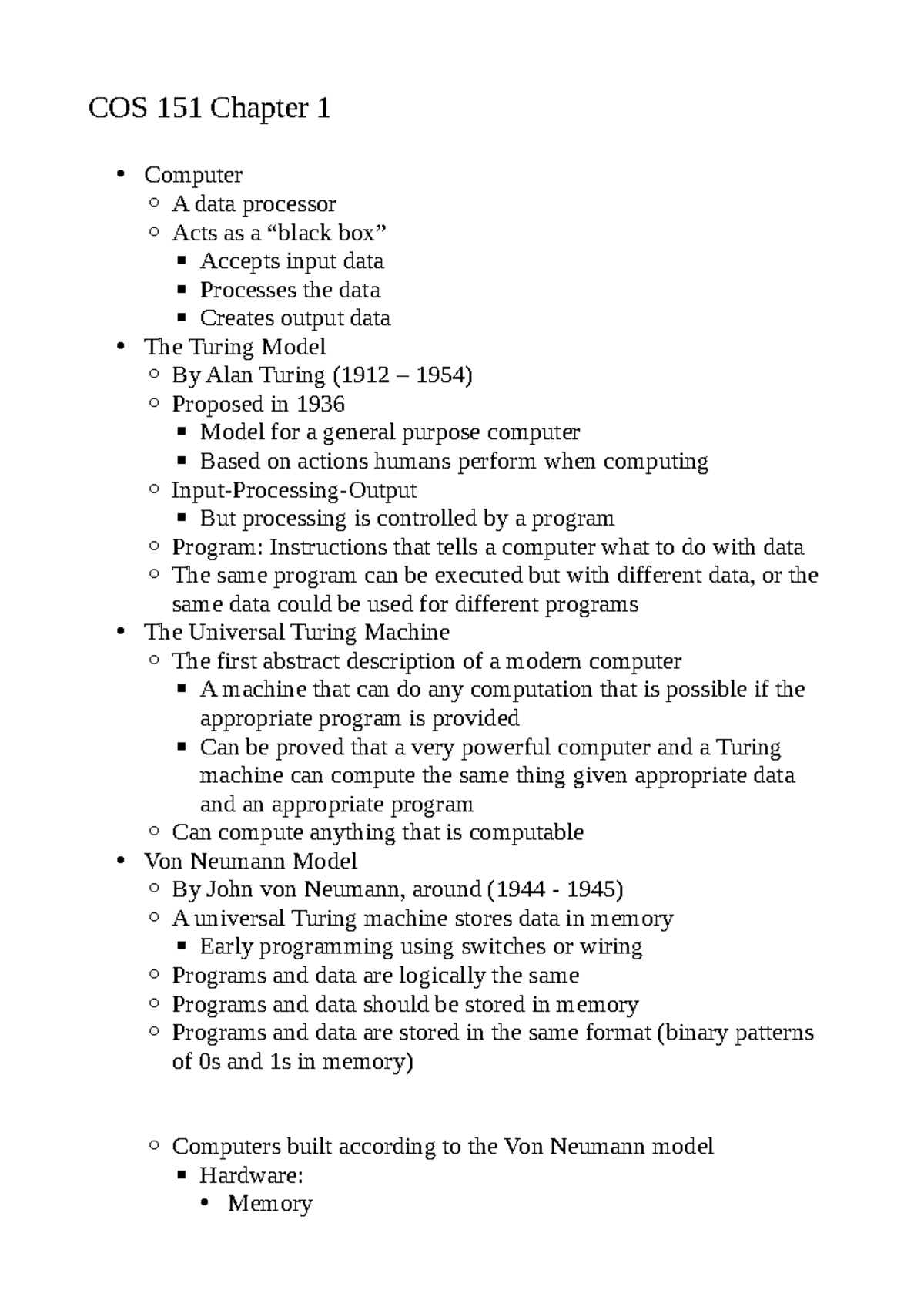 COS151 Lecture Notes on Chapter 1, 8, and 11: Computing Fundamentals ...