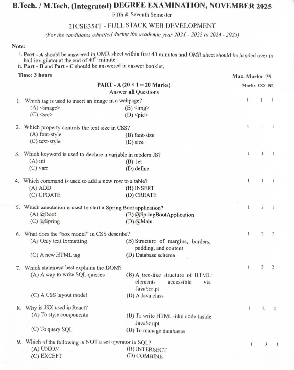 B.Tech. 21CSE354T Full Stack Web Development Exam Paper - Nov 2025 ...