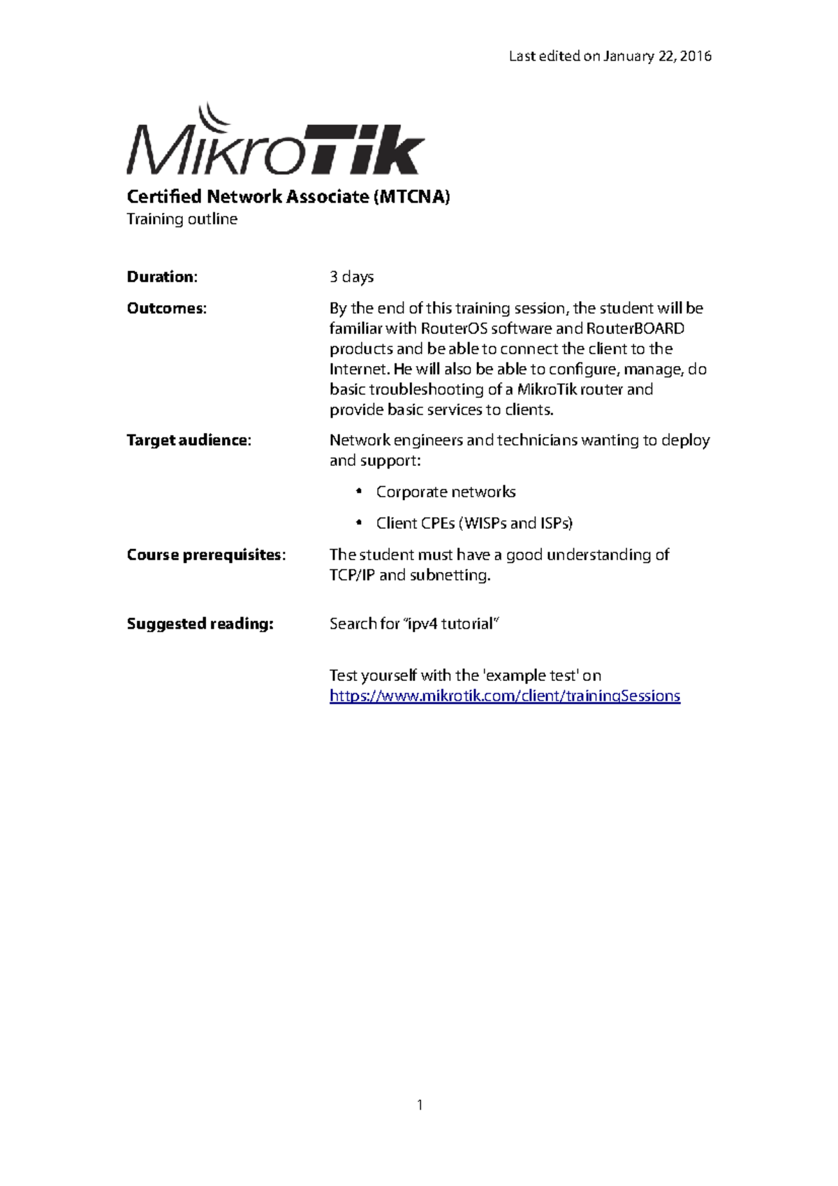 MTCNA Training Outline: RouterOS & MikroTik Essentials (2019) - Studocu