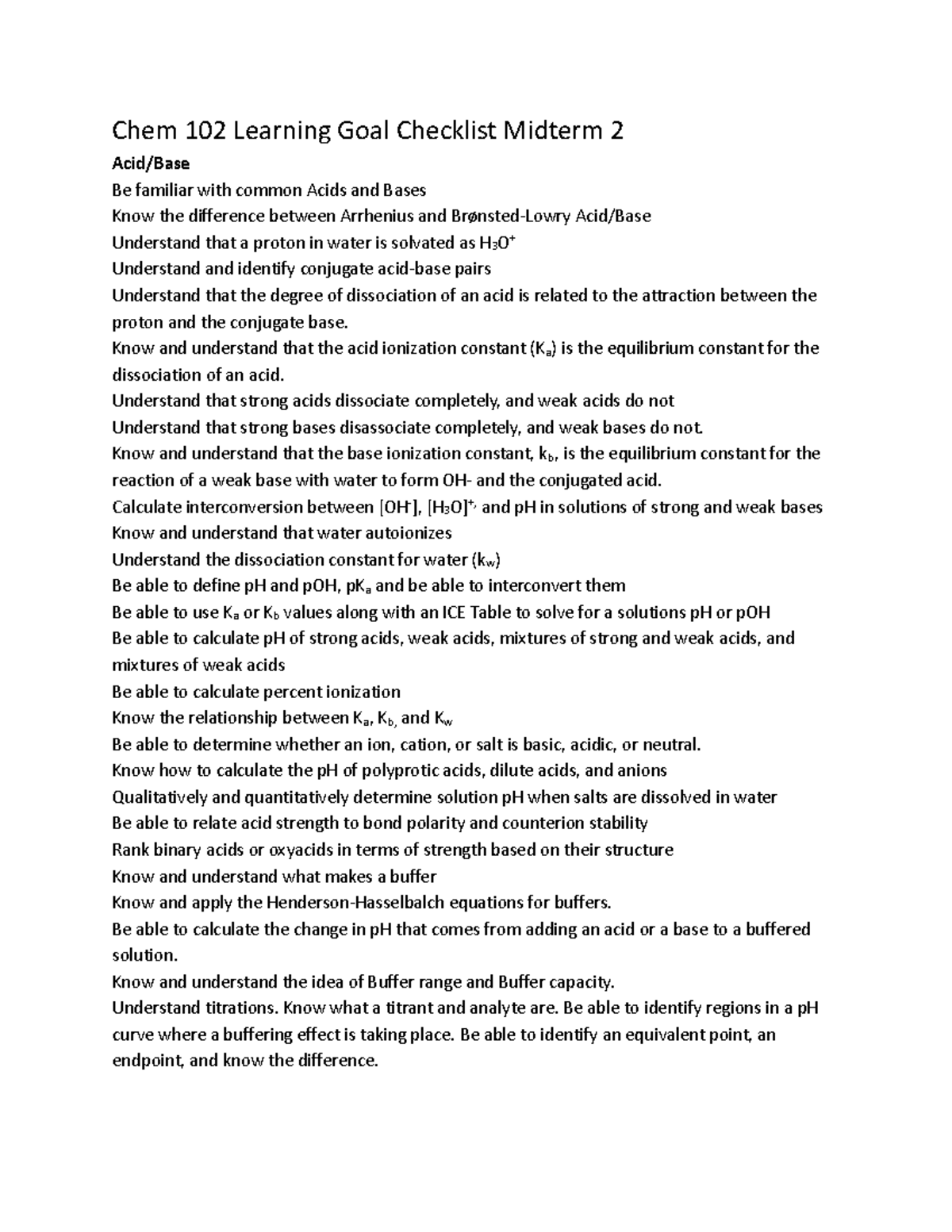 Chem 102 Midterm 2 Learning Goals: Acids, Bases, and Buffers - Studocu