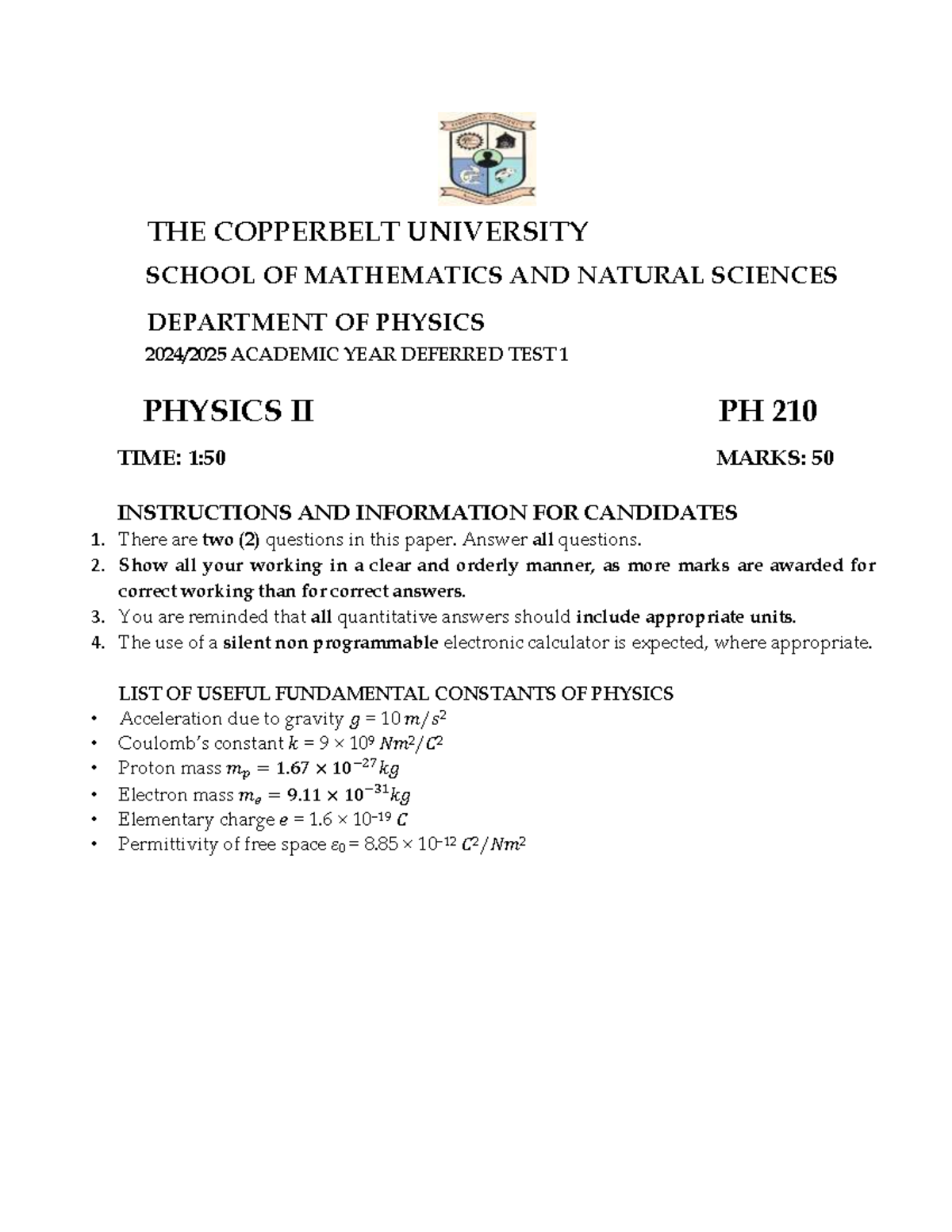PH 210 Deferred Test 1: Physics II Academic Year 2025 - Studocu
