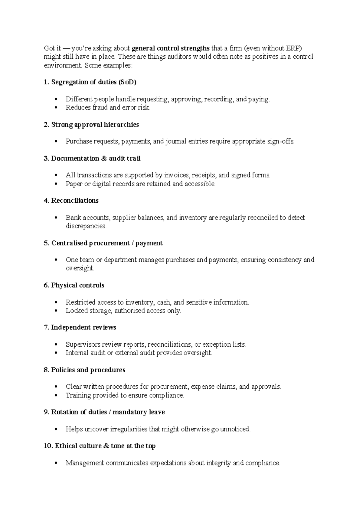 General Control Strengths in Firms: Key Audit Positives - Studocu