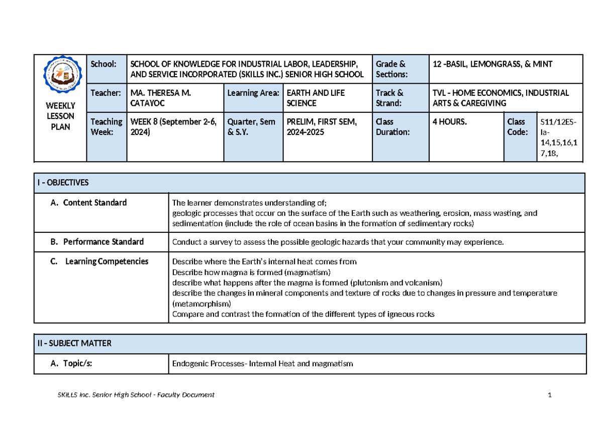 S11/12ES-Ia-14 Lesson Plan for Earth & Life Science (Week 8) - Studocu