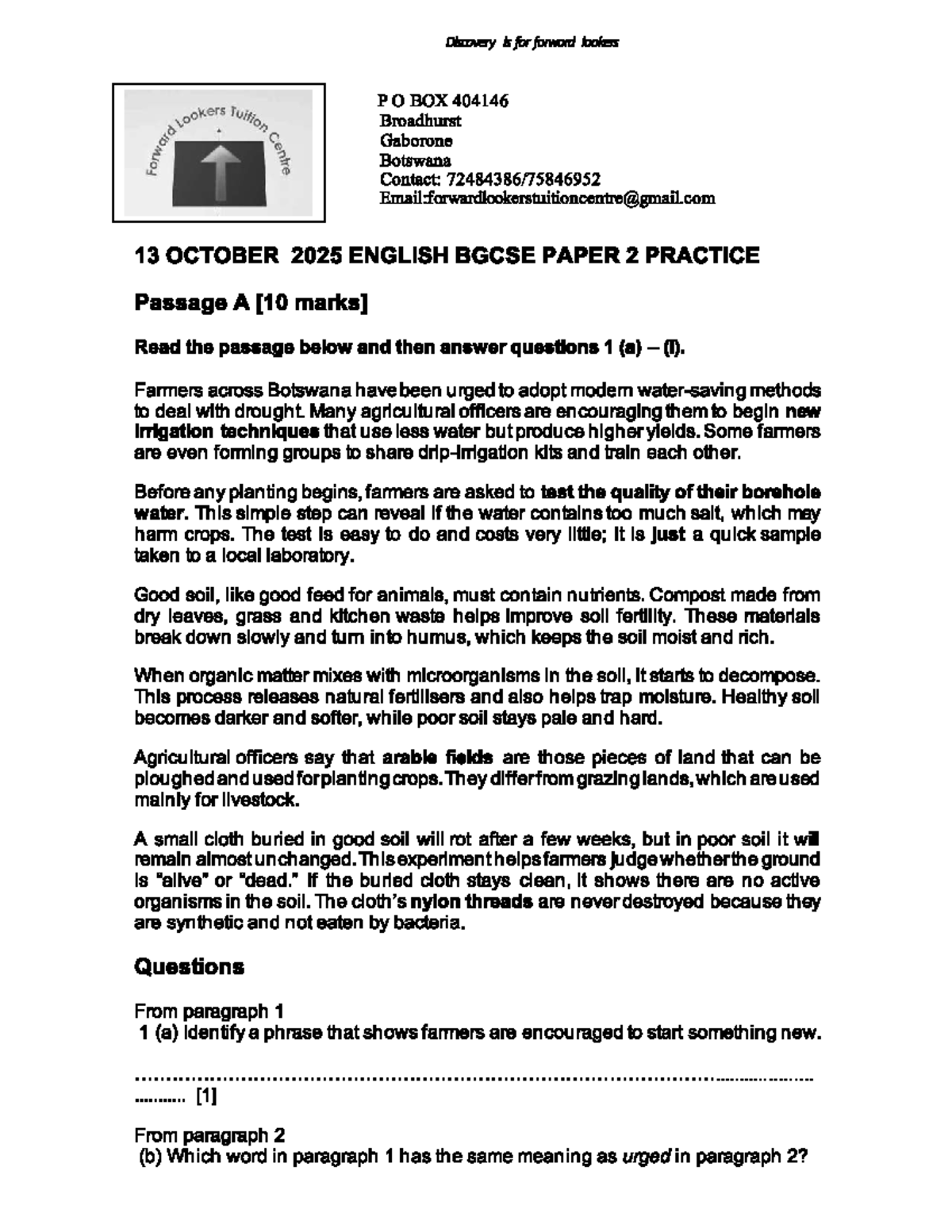 BG English BGCSE Paper 2 Practice Passage A - 13 Oct 2025 - Studocu