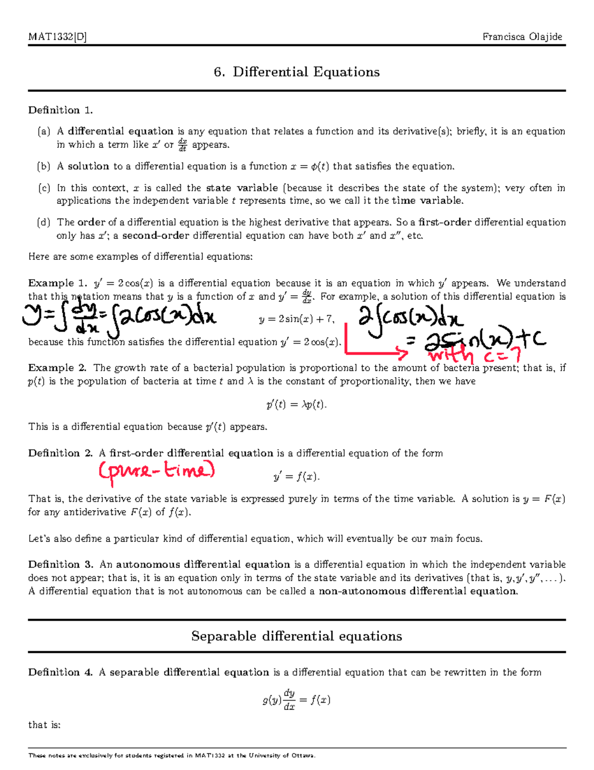 MAT1332 Lecture 6: Introduction to Differential Equations - Studocu