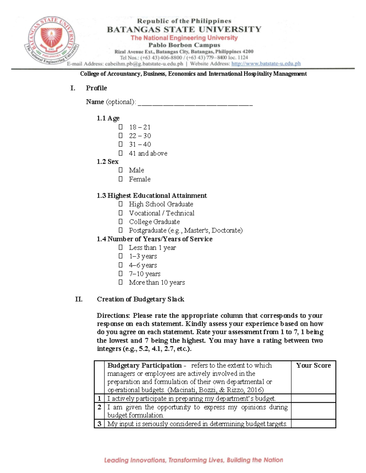 Budgetary Slack Assessment Questionnaire - ACCT 101 - Studocu