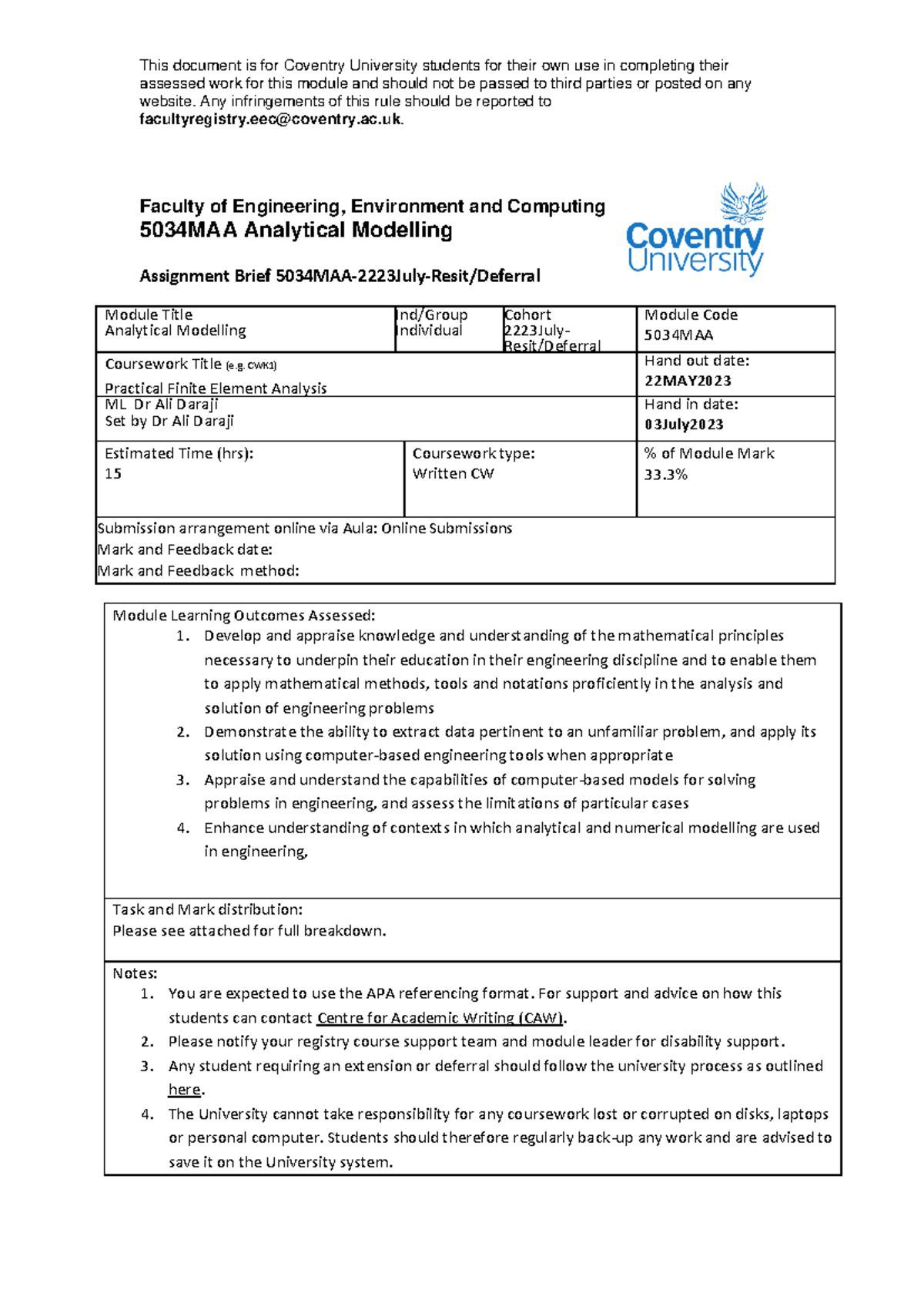 5034MAA Analytical Modelling Resit Assignment Brief 2223-July - Studocu