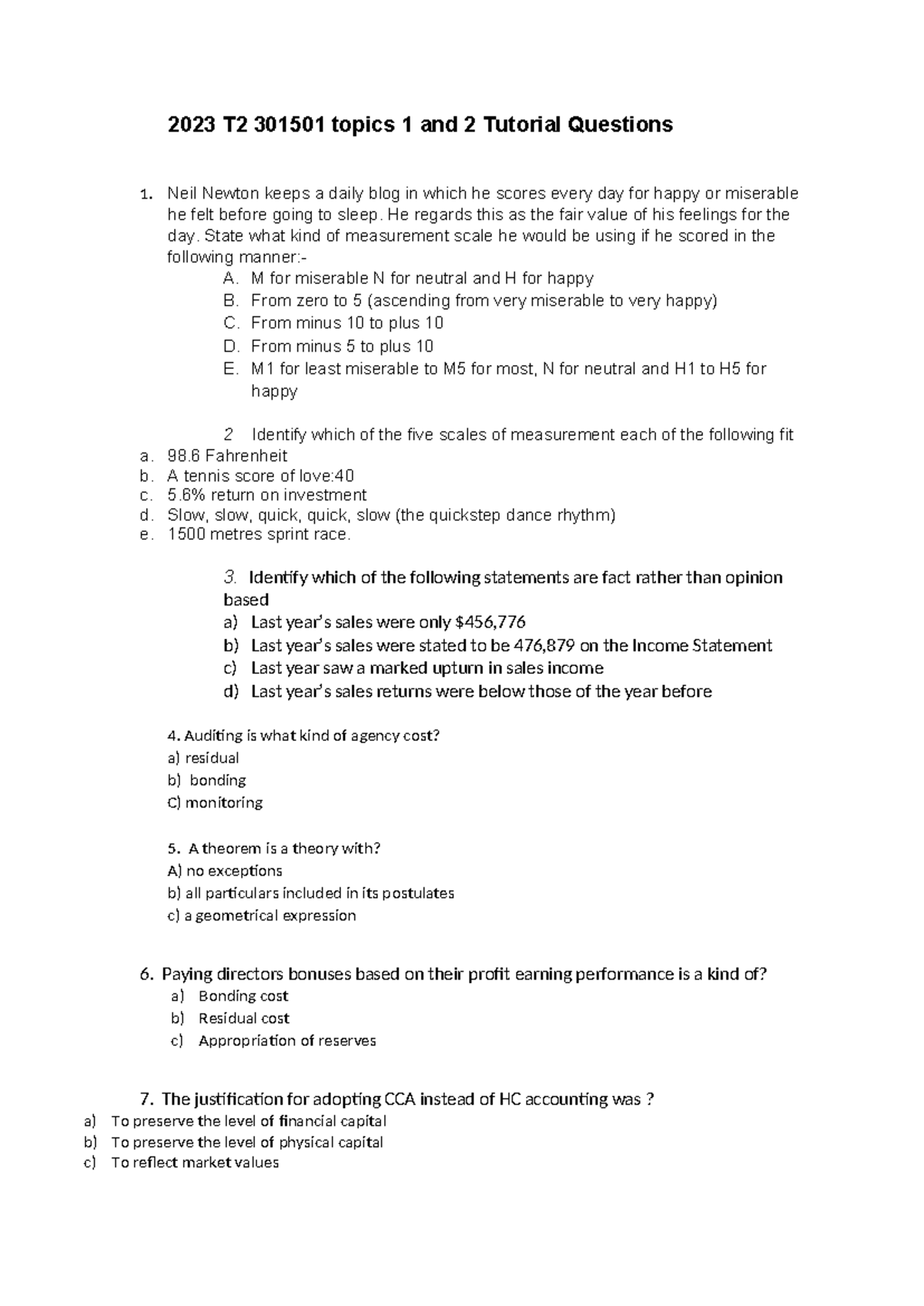 2023 Tutorial 12 - 2023 T2 301501 topics 1 and 2 Tutorial Questions 1 ...