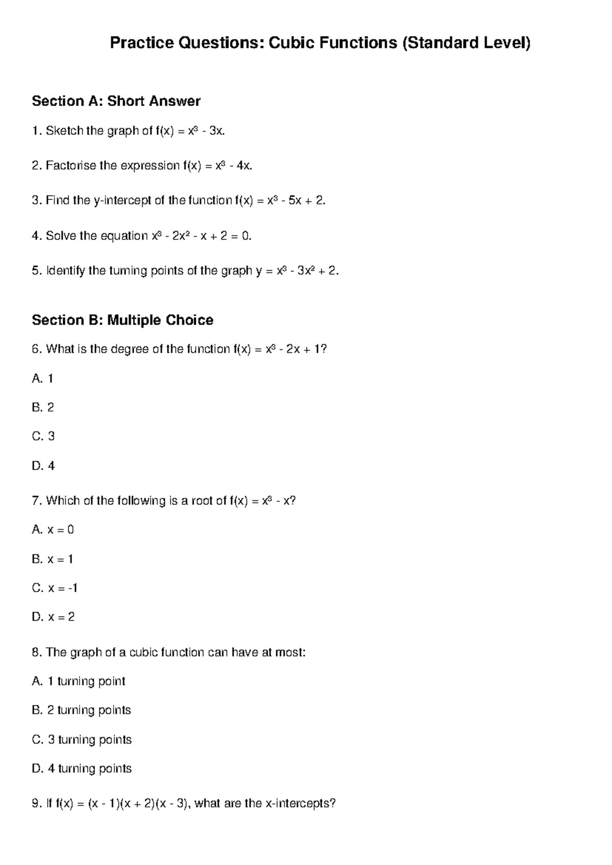 Standard Level Practice Questions: Cubic Functions (SL) - Studocu
