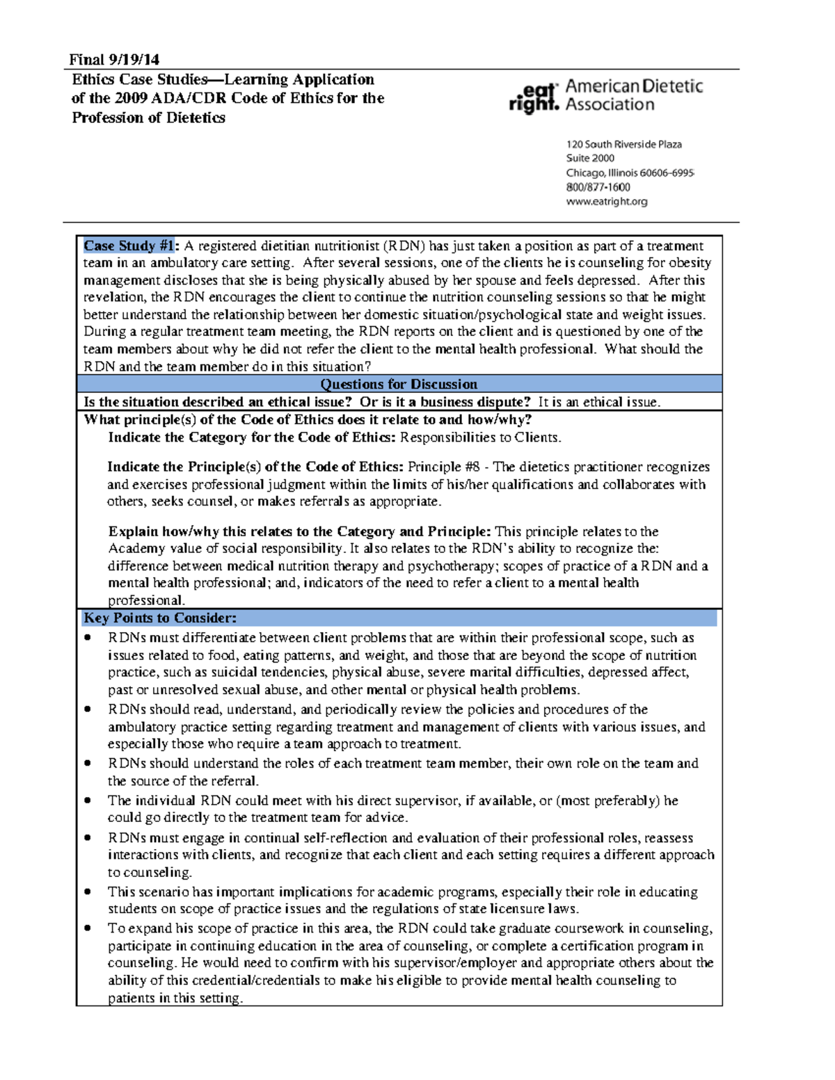 Final Case Study Analysis: Application of ADA/CDR Code of Ethics in ...