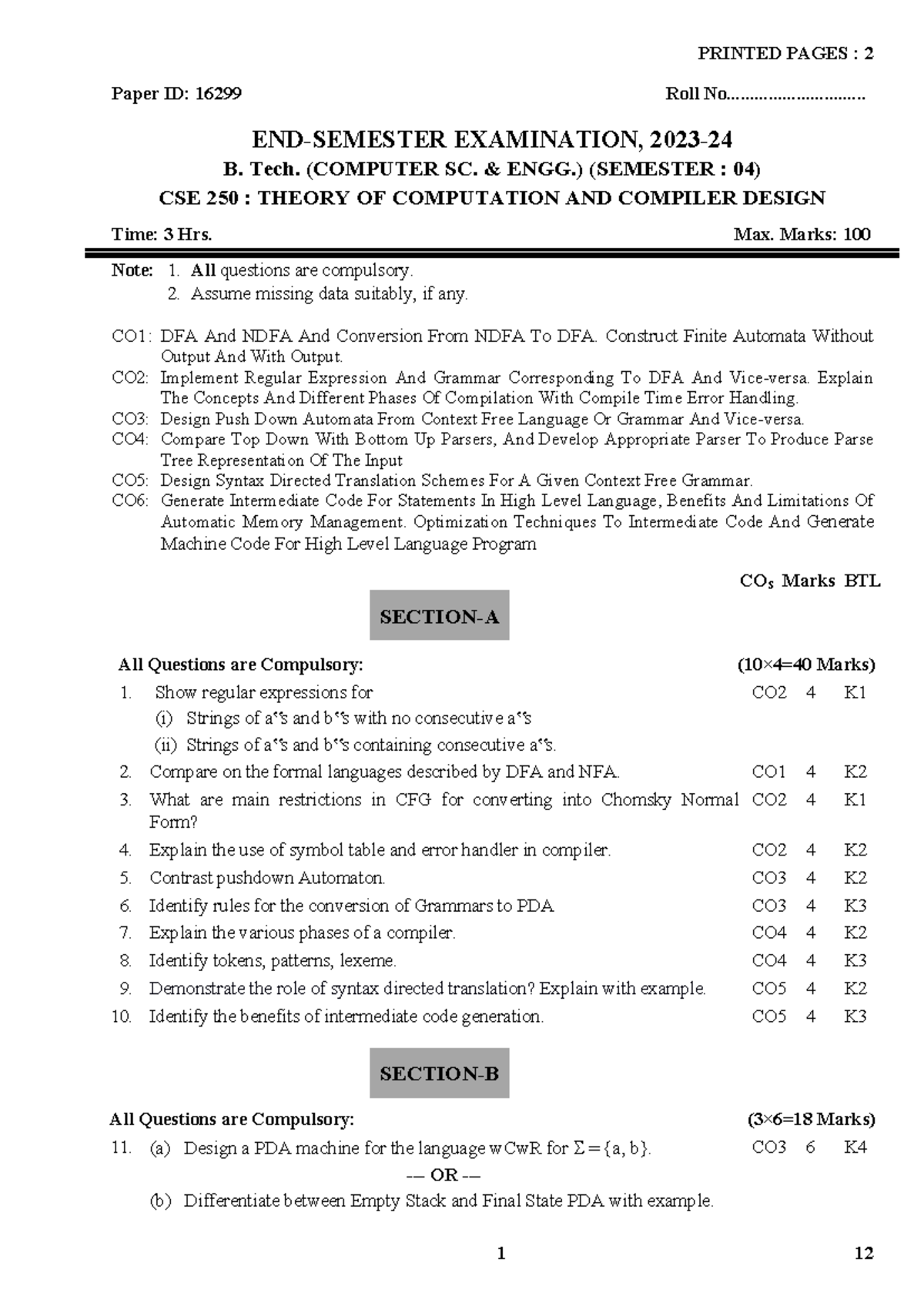 CSE 250: Theory of Computation & Compiler Design - Exam 2023-24 - Studocu