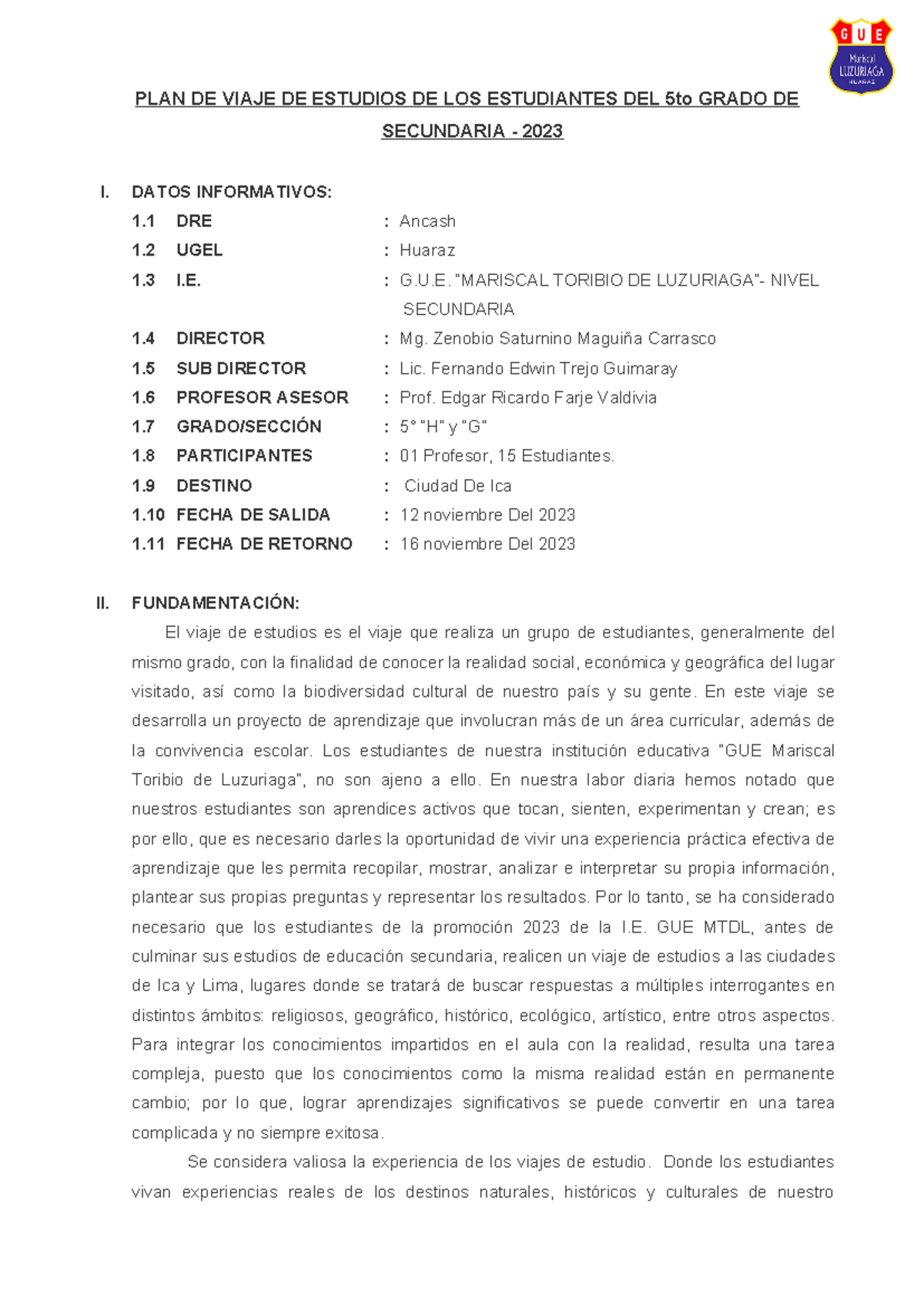 PLAN DE VIAJE DE ESTUDIOS 5TO GRADO SECUNDARIA 2023 - Document Preview