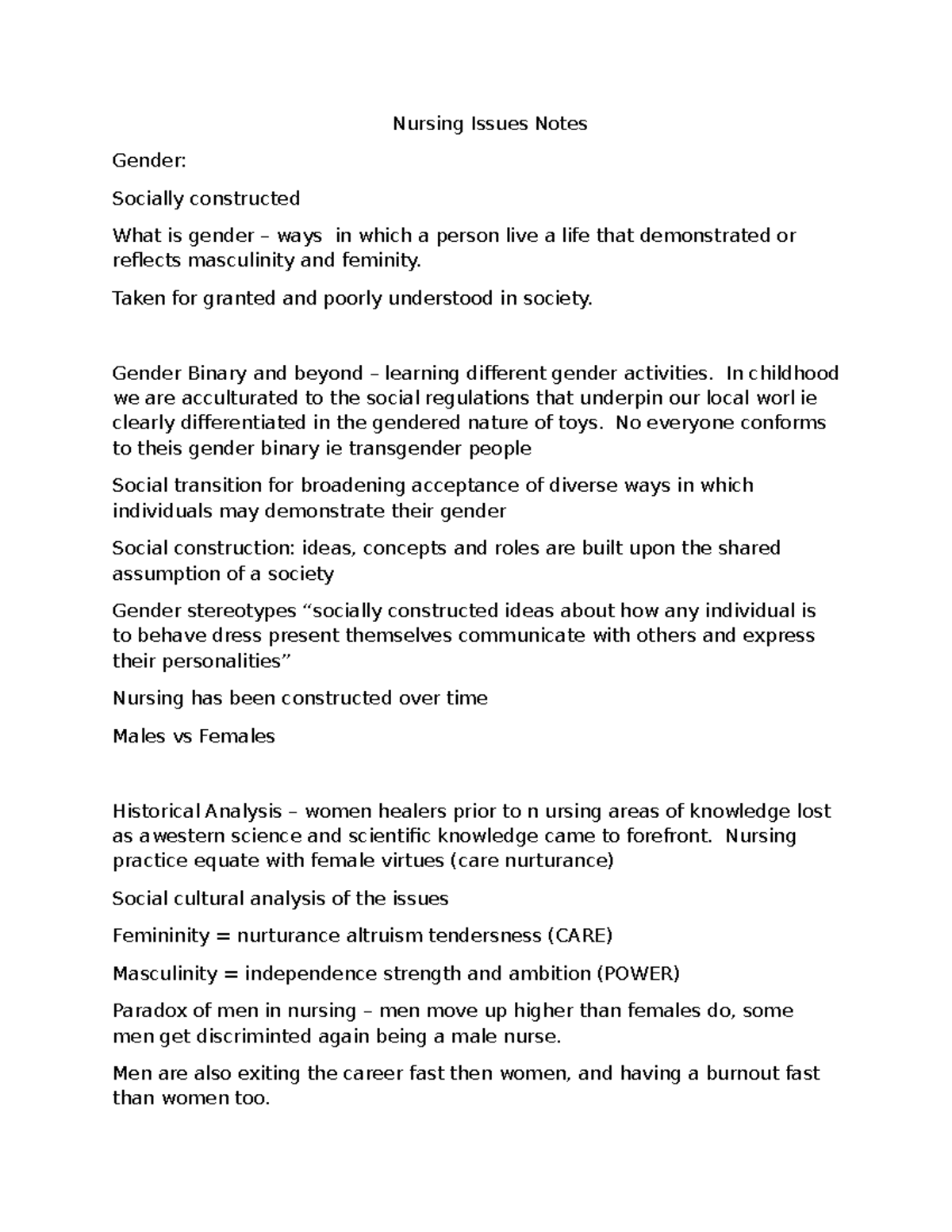 Nursing Issues Notes - Nursing Issues Notes Gender: Socially ...
