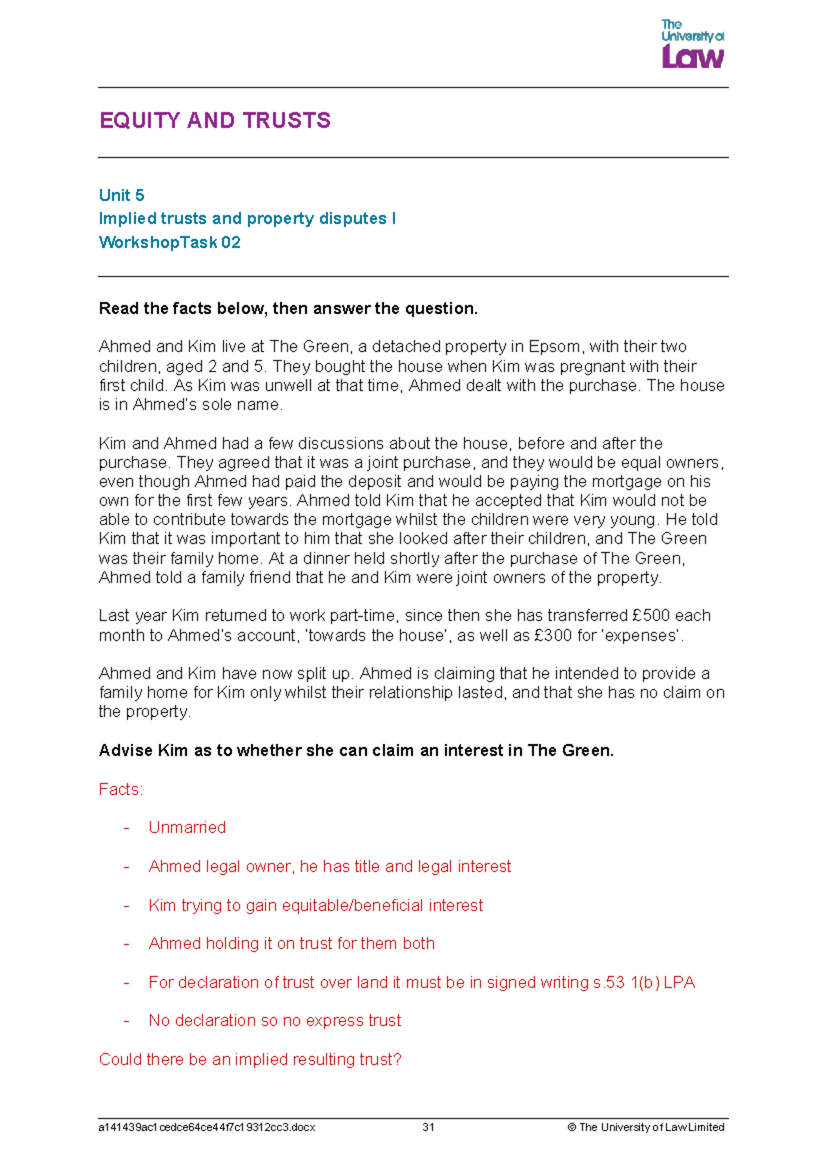 E&T Unit 5 Task 2 - task 2 from unit 5 workshop - EQUITY AND TRUSTS ...