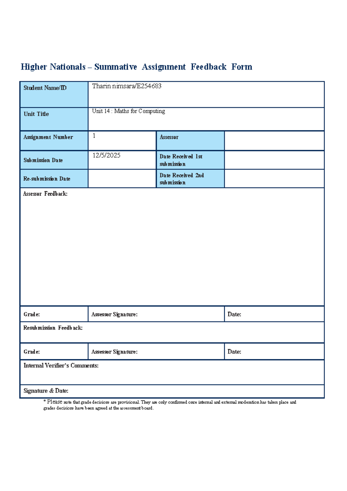 E254683 Unit 14: Maths for Computing Assignment Feedback Form - Studocu