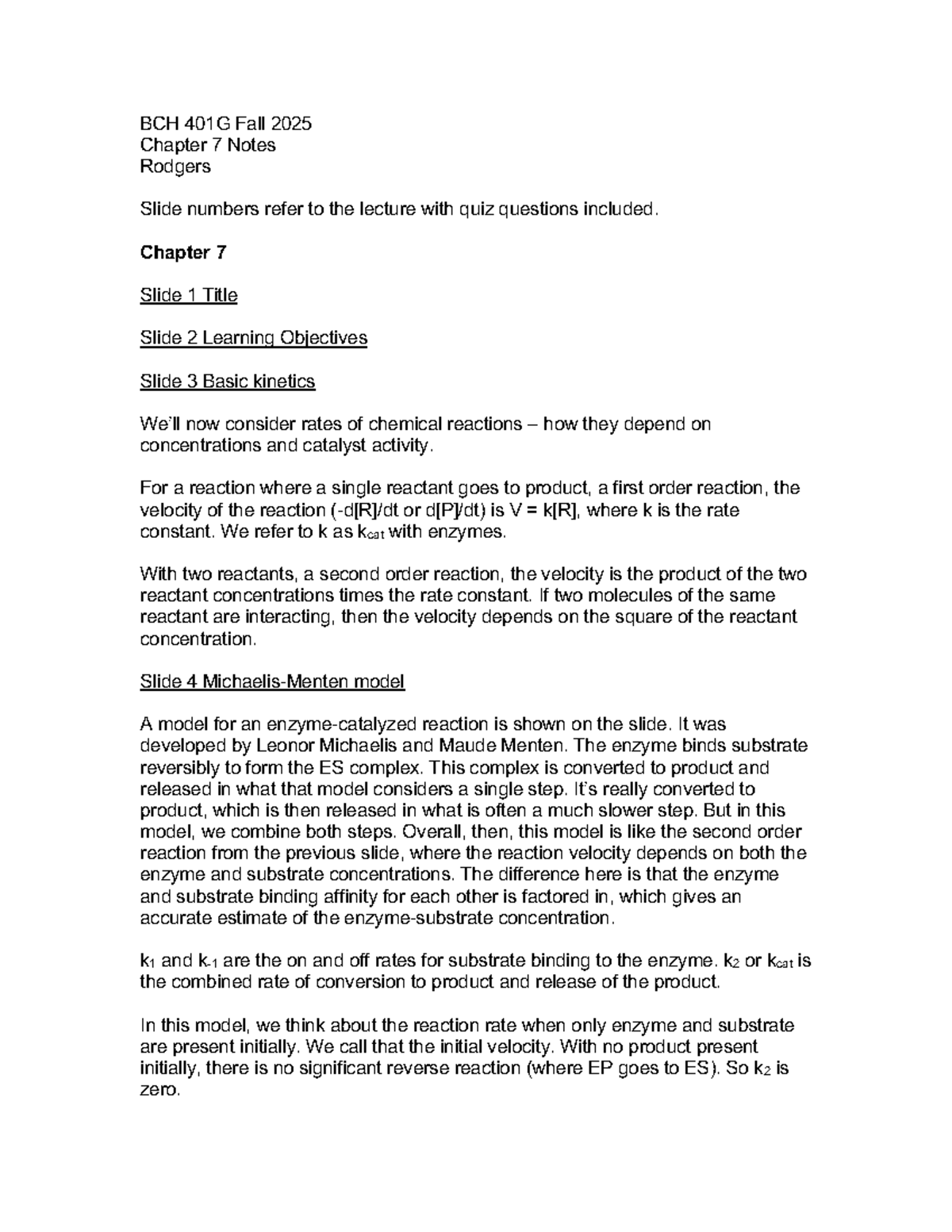 BCH 401G Fall 2025 Chapter 7 Enzyme Kinetics & Regulation Notes - Studocu