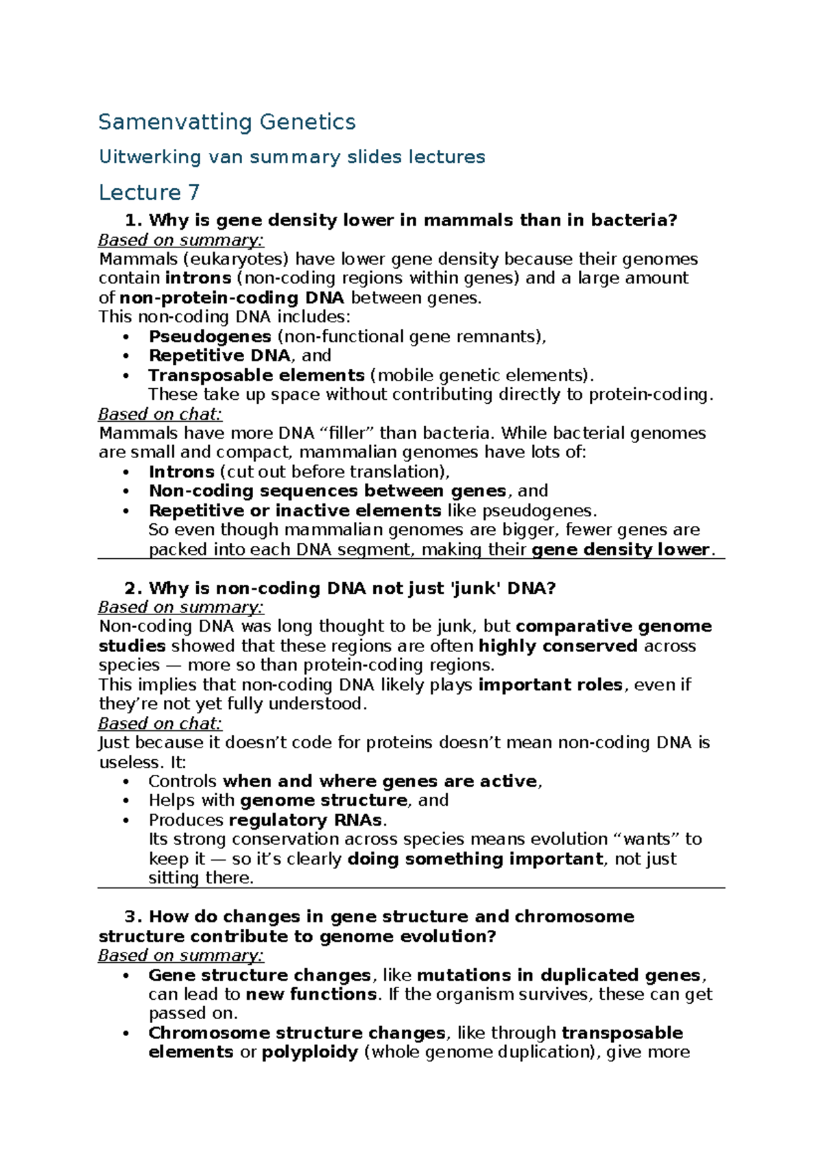 Samenvatting Genetics: Lecture Notes on Gene Density, Evolution, and ...