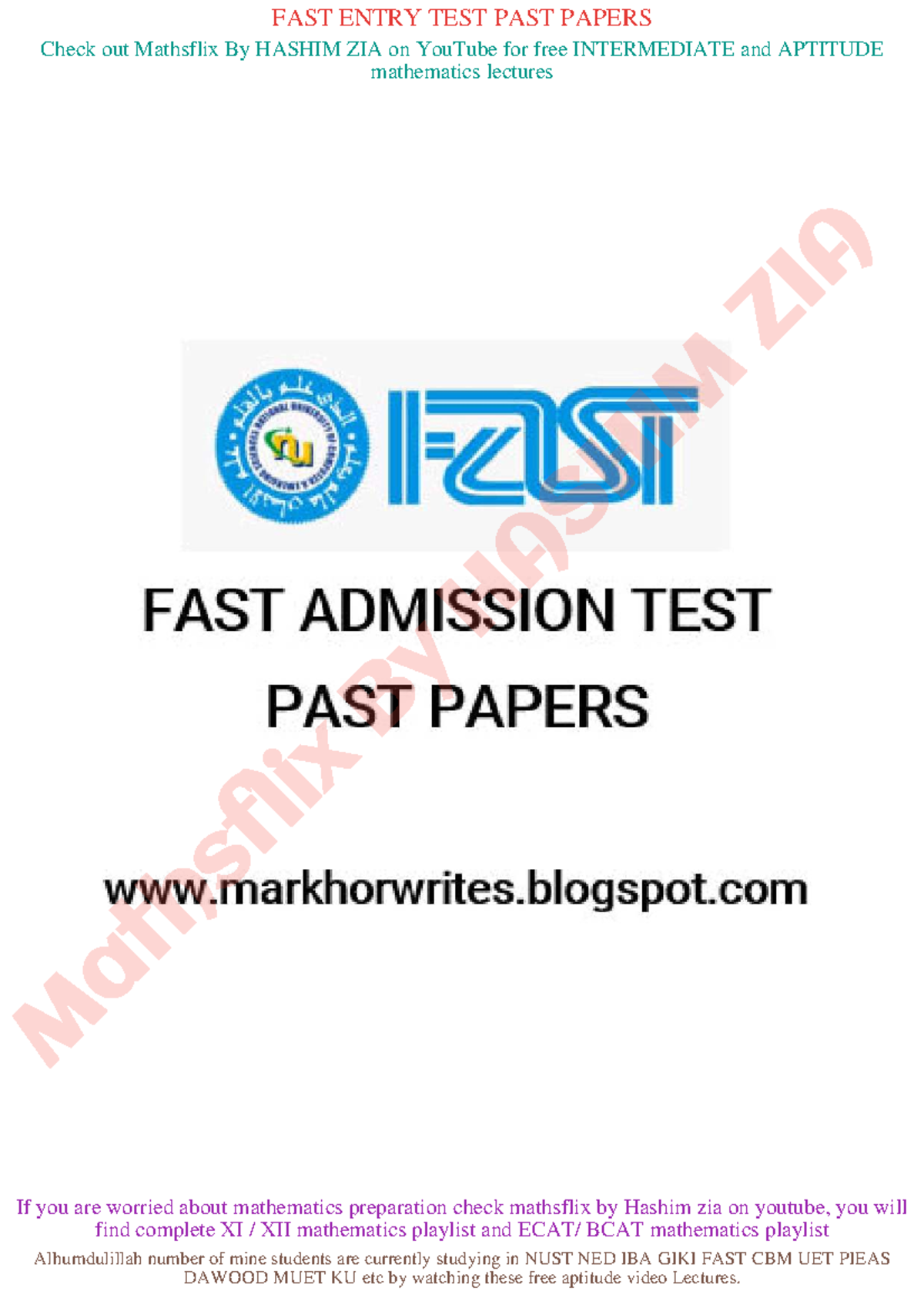 FAST Entry Test Past Papers for Mathematics (Course Code: 250530) - Studocu