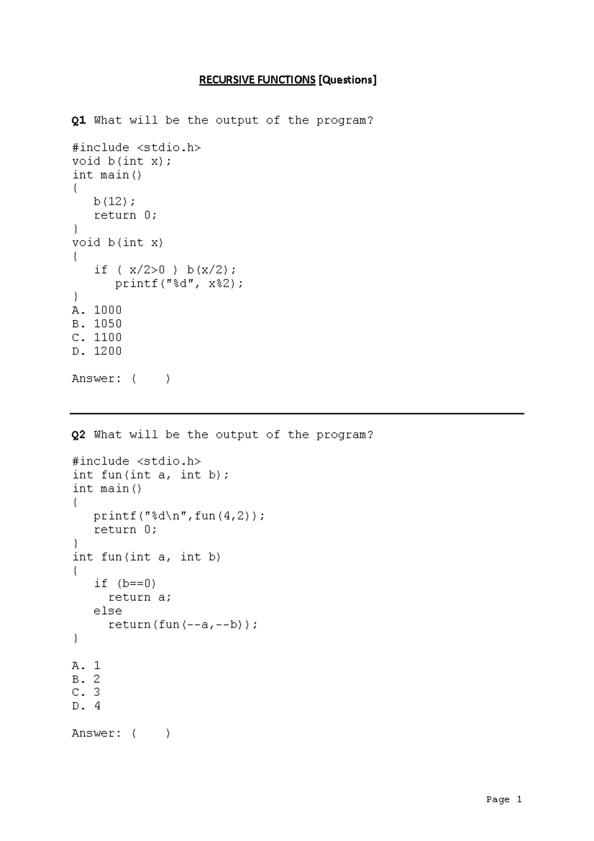 9 - Recursive Functions - MCQ Questions (Q1-Q10) - Studocu