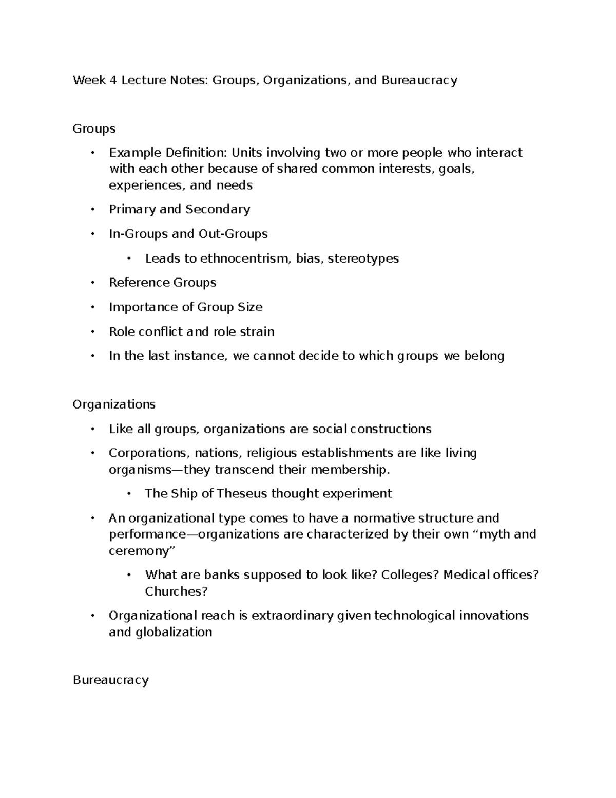Week 4 Lecture Notes: Groups, Organizations & Bureaucracy Insights ...