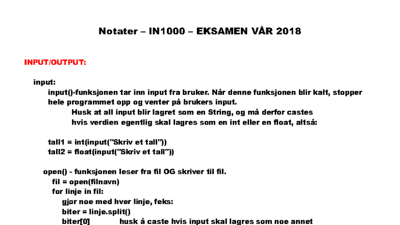 Eksamen IN1000 Vår 2018: Python Input, Variabler og Funksjoner - Studocu