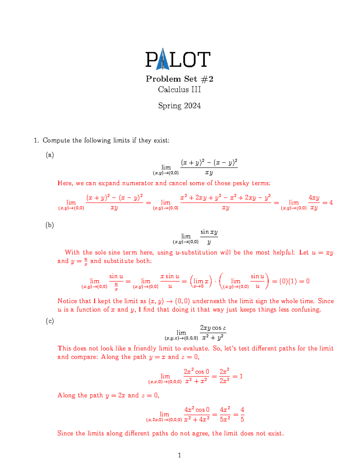 Calc III PSET 2 KEY SP24 - Practice Problem Solutions and Explanations ...