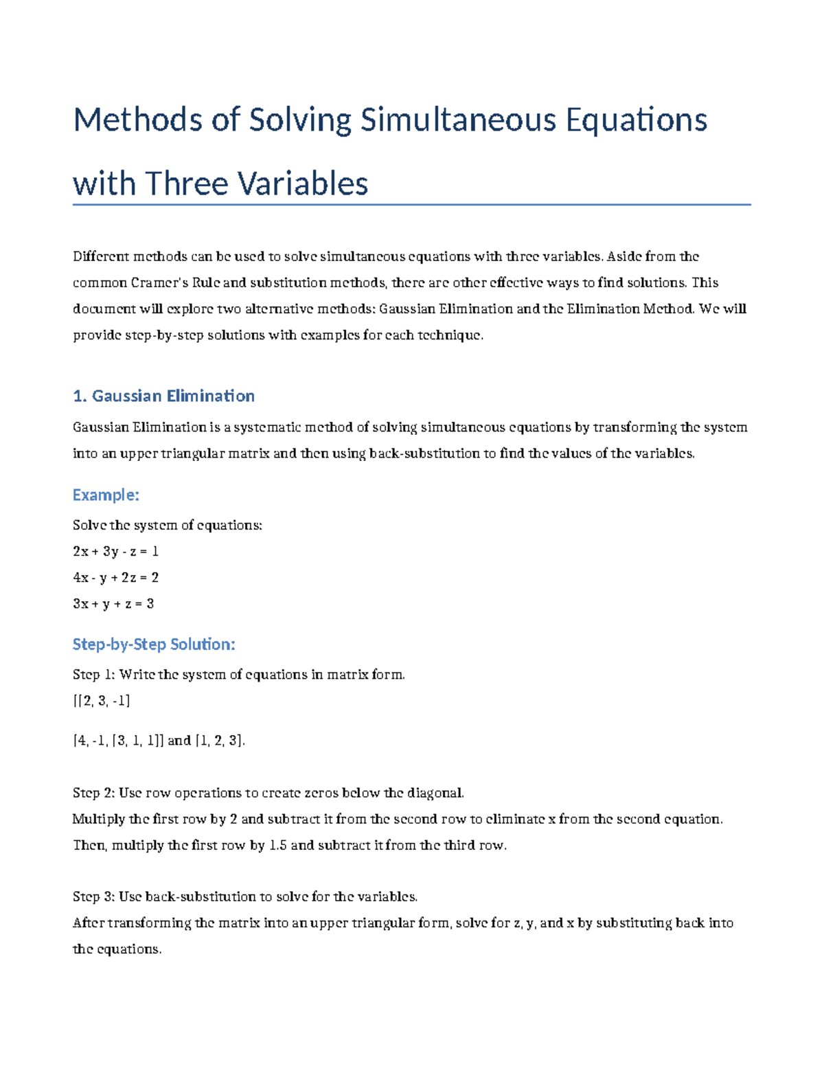 Solving Simultaneous Equations with 3 Variables: Gaussian Elimination ...