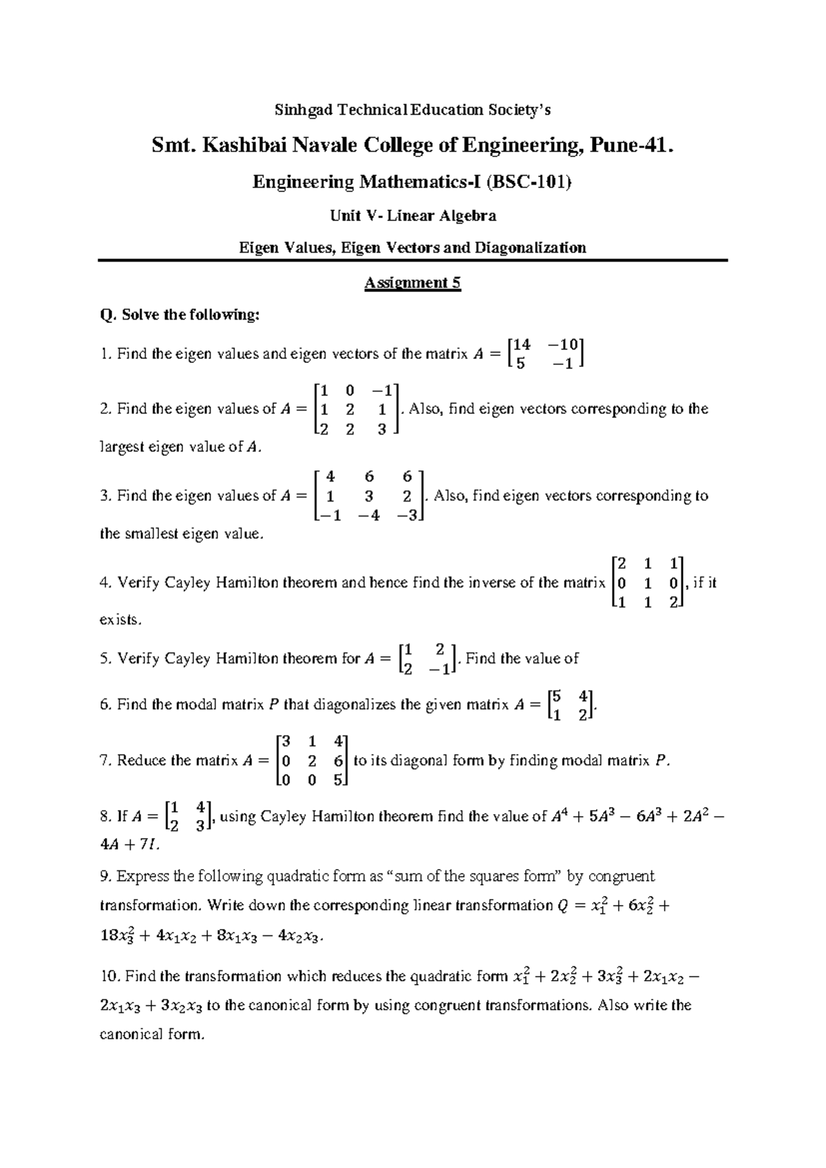 Linear Algebra Assignment 5: Eigenvalues, Eigenvectors ...