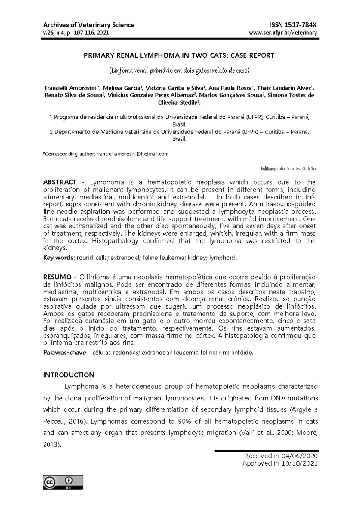 Primary Renal Lymphoma IN TWO CATS CASE Report - Archives of Veterinary ...