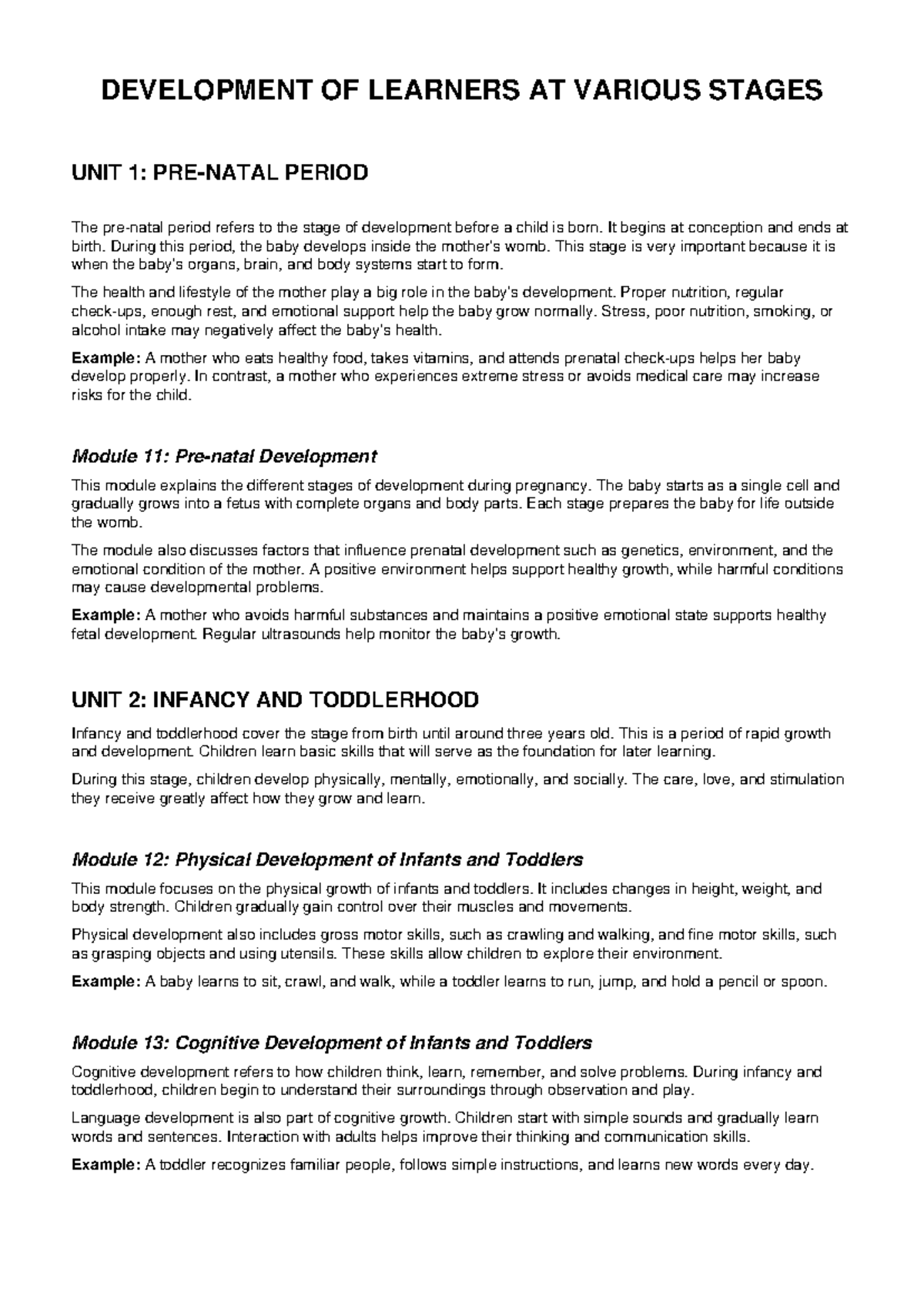 Development of Learners: Stages from Conception to Toddlerhood - Studocu