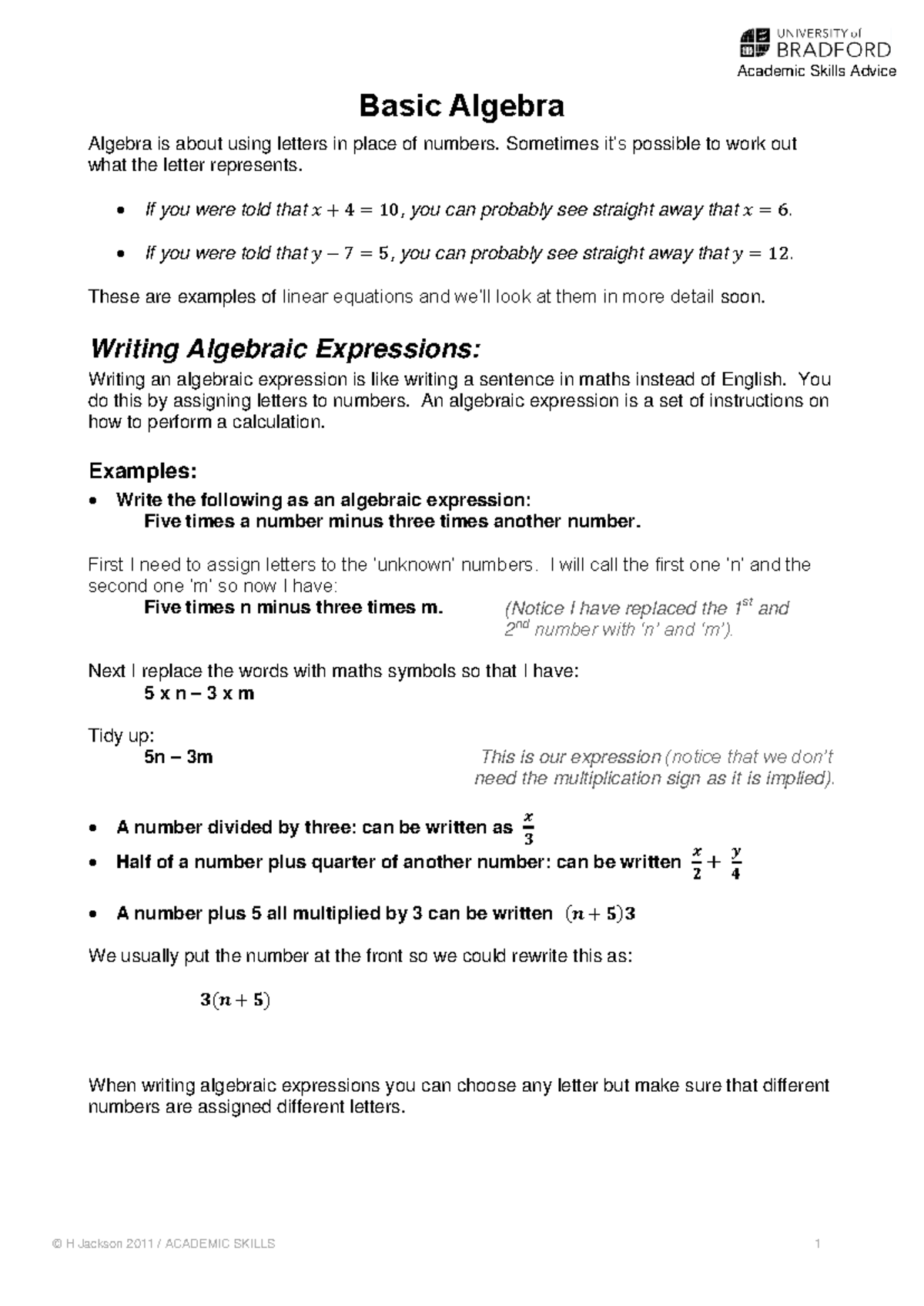 Algebra & Linear Equations: Basics & Simplifying Expressions - Studocu